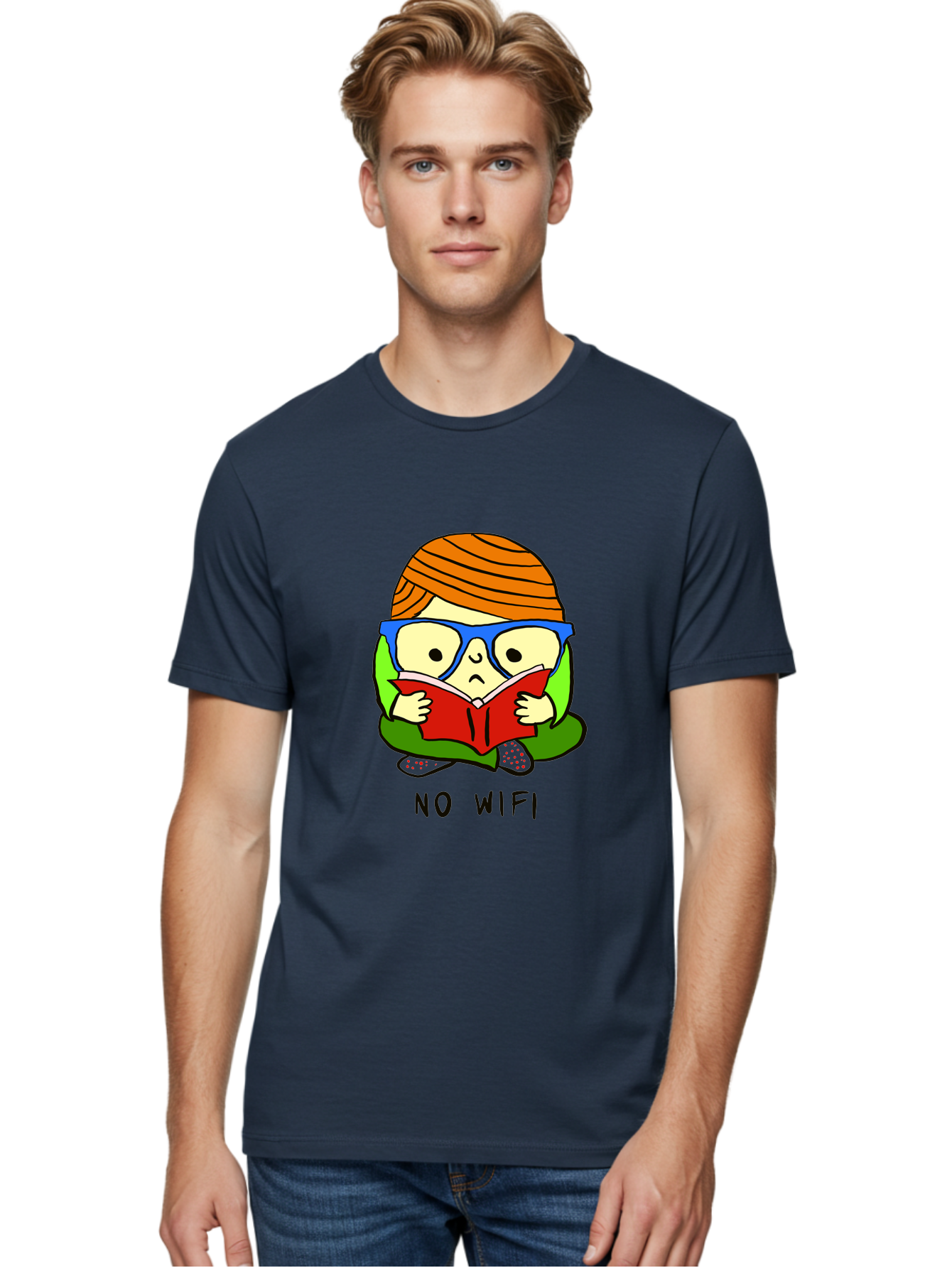 No-Wifi Men'S Graphic Tee, 100% Cotton, Comfortable Casual Summer Wear, Machine Washable, Person Reading A Book, Wearing Glasses, Orange Head Wrap, Offline Mode, Digital Detox, Relaxed Atmosphere, Calm Environment, Reading Culture - Aaa100 30
