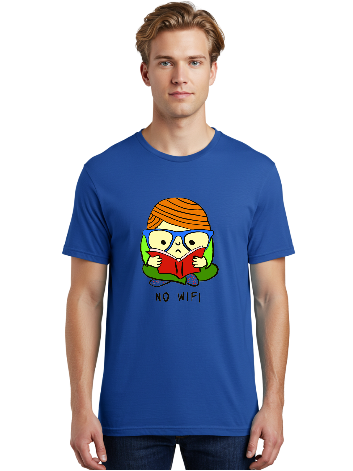No-Wifi Men'S Graphic Tee, 100% Cotton, Comfortable Casual Summer Wear, Machine Washable, Person Reading A Book, Wearing Glasses, Orange Head Wrap, Offline Mode, Digital Detox, Relaxed Atmosphere, Calm Environment, Reading Culture - Aaa100 8