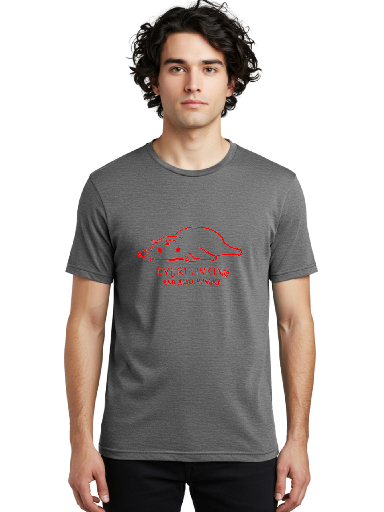 Overthinking-And-Also-Hungry Men'S Graphic Tee, 100% Cotton, Comfortable Casual Summer Wear, Machine Washable, Funny Animal Cartoon, Red Rat, Cute Rodent, Lying Down Relaxed, Overthinking Humor, Relatable, Funny, Quirky, Cartoon Humor, - Aaa106 26