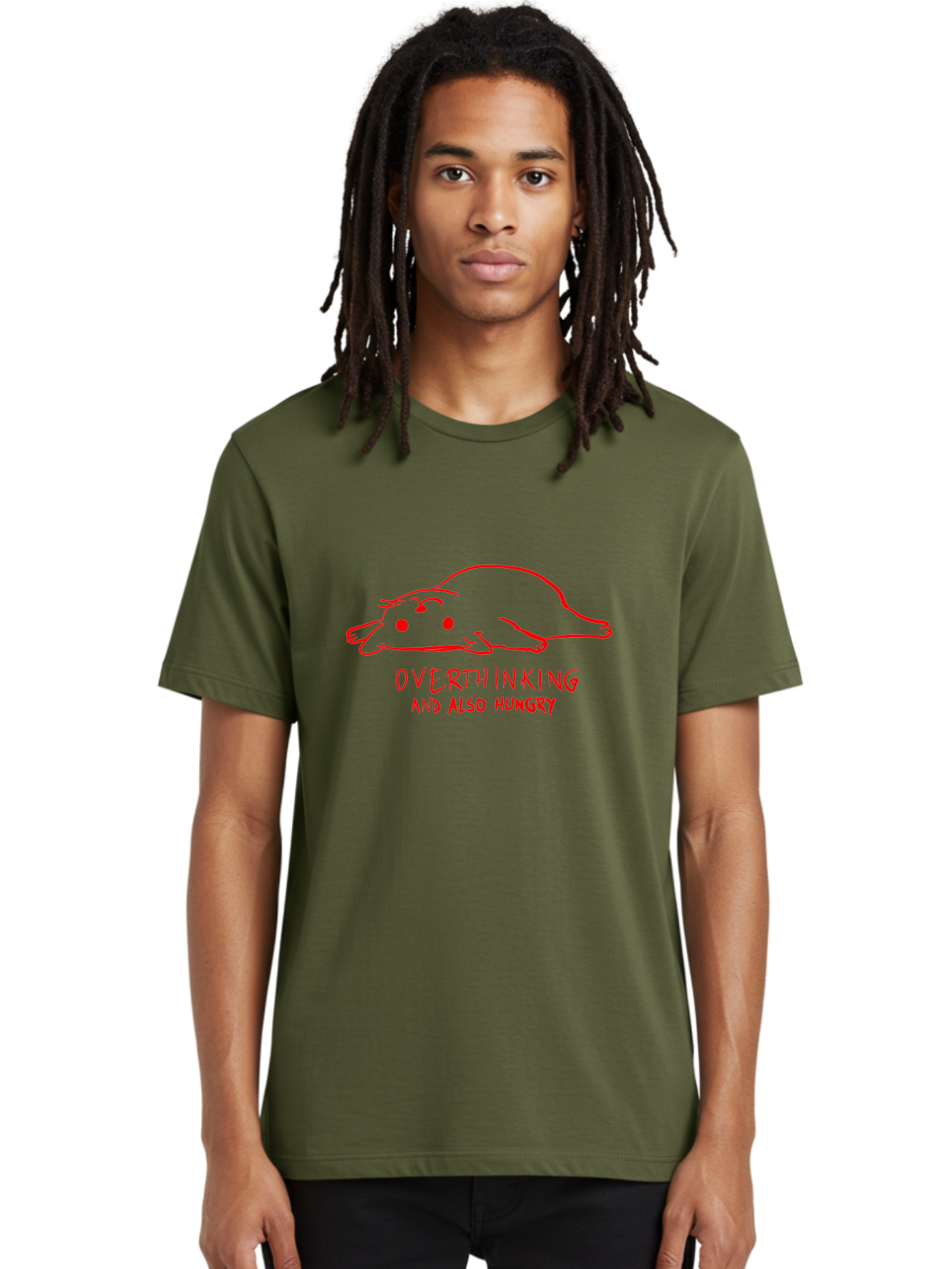 Overthinking-And-Also-Hungry Men'S Graphic Tee, 100% Cotton, Comfortable Casual Summer Wear, Machine Washable, Funny Animal Cartoon, Red Rat, Cute Rodent, Lying Down Relaxed, Overthinking Humor, Relatable, Funny, Quirky, Cartoon Humor, - Aaa106 16