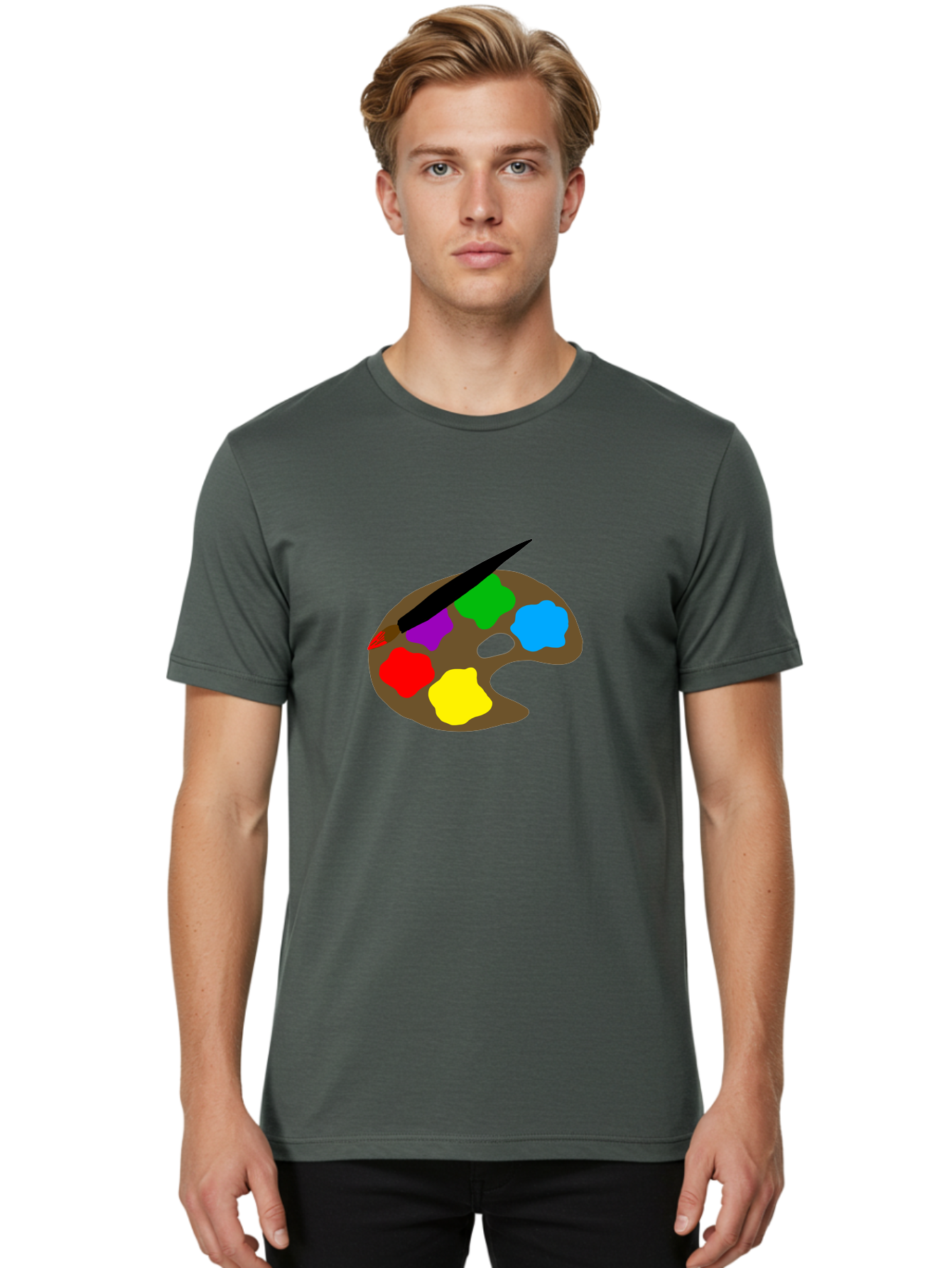 Paint-Palette Men'S Graphic Tee, 100% Cotton, Comfortable Casual Summer Wear, Machine Washable, Artist'S Palette, Painting Supplies, Colorful Paints, Artistic Tools, Creative Expression, Vibrant Colors, Red, Yellow, Blue, Green, Purple - Aaa107 30
