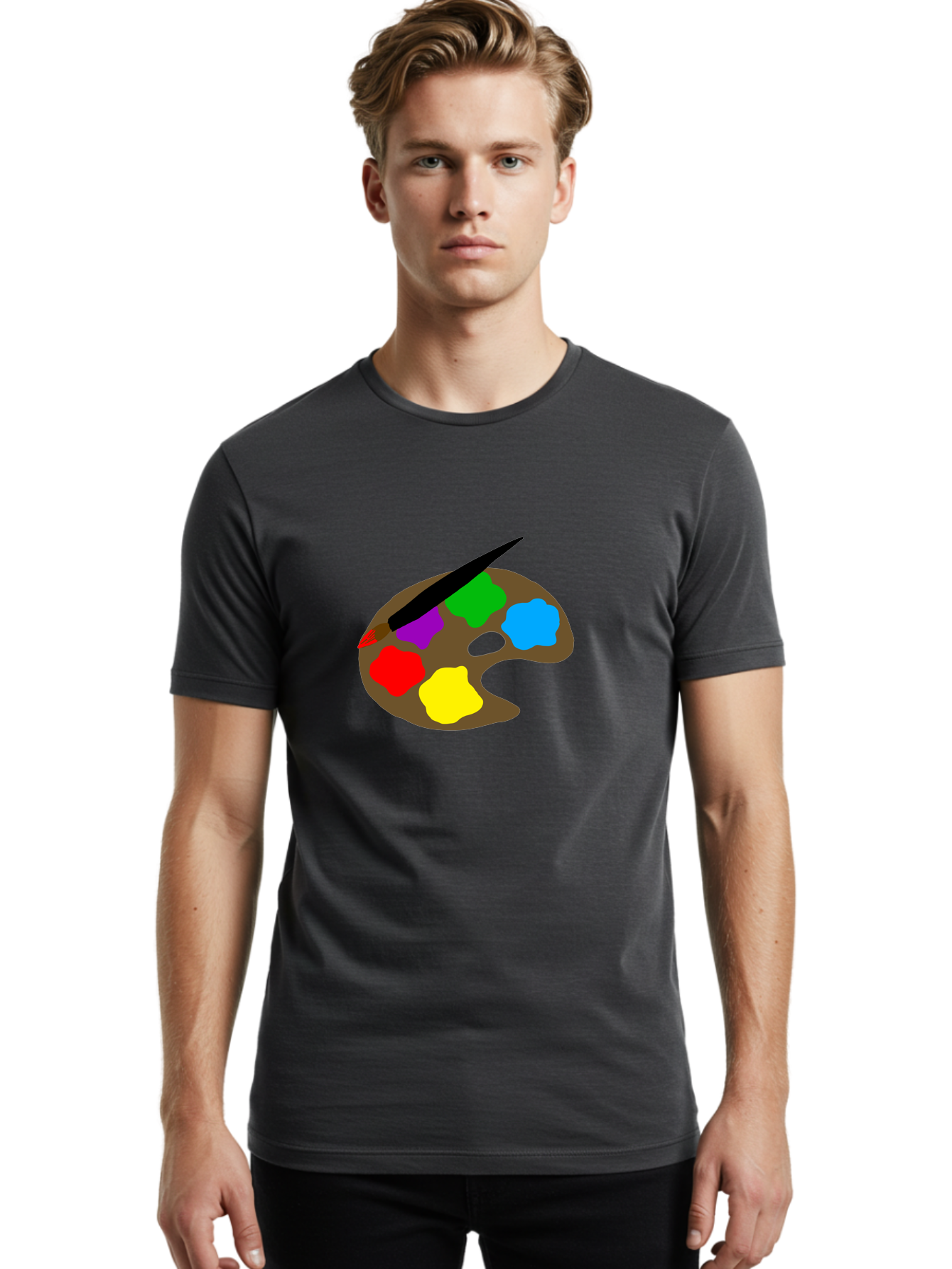 Paint-Palette Men'S Graphic Tee, 100% Cotton, Comfortable Casual Summer Wear, Machine Washable, Artist'S Palette, Painting Supplies, Colorful Paints, Artistic Tools, Creative Expression, Vibrant Colors, Red, Yellow, Blue, Green, Purple - Aaa107 14