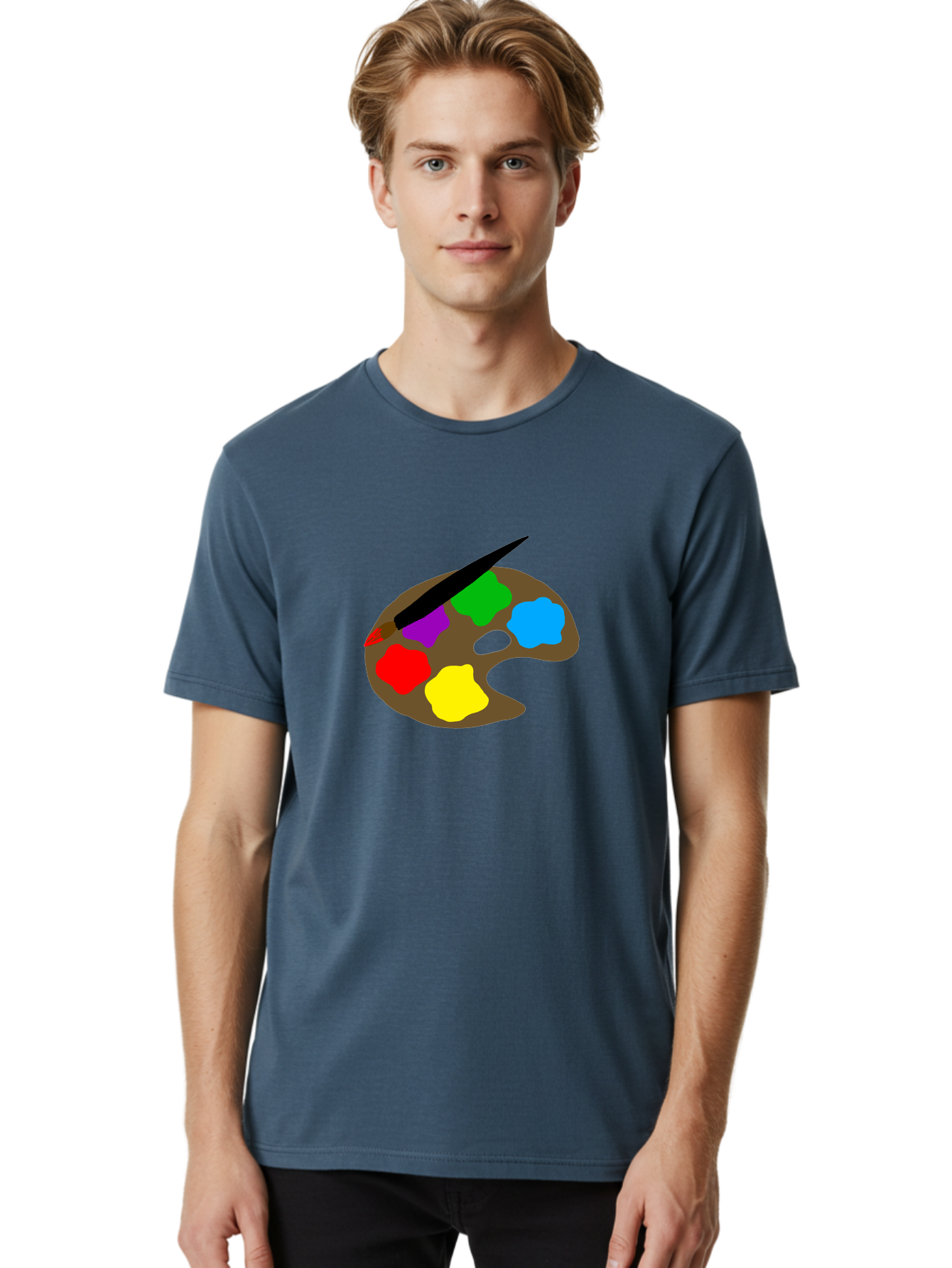 Paint-Palette Men'S Graphic Tee, 100% Cotton, Comfortable Casual Summer Wear, Machine Washable, Artist'S Palette, Painting Supplies, Colorful Paints, Artistic Tools, Creative Expression, Vibrant Colors, Red, Yellow, Blue, Green, Purple - Aaa107 6
