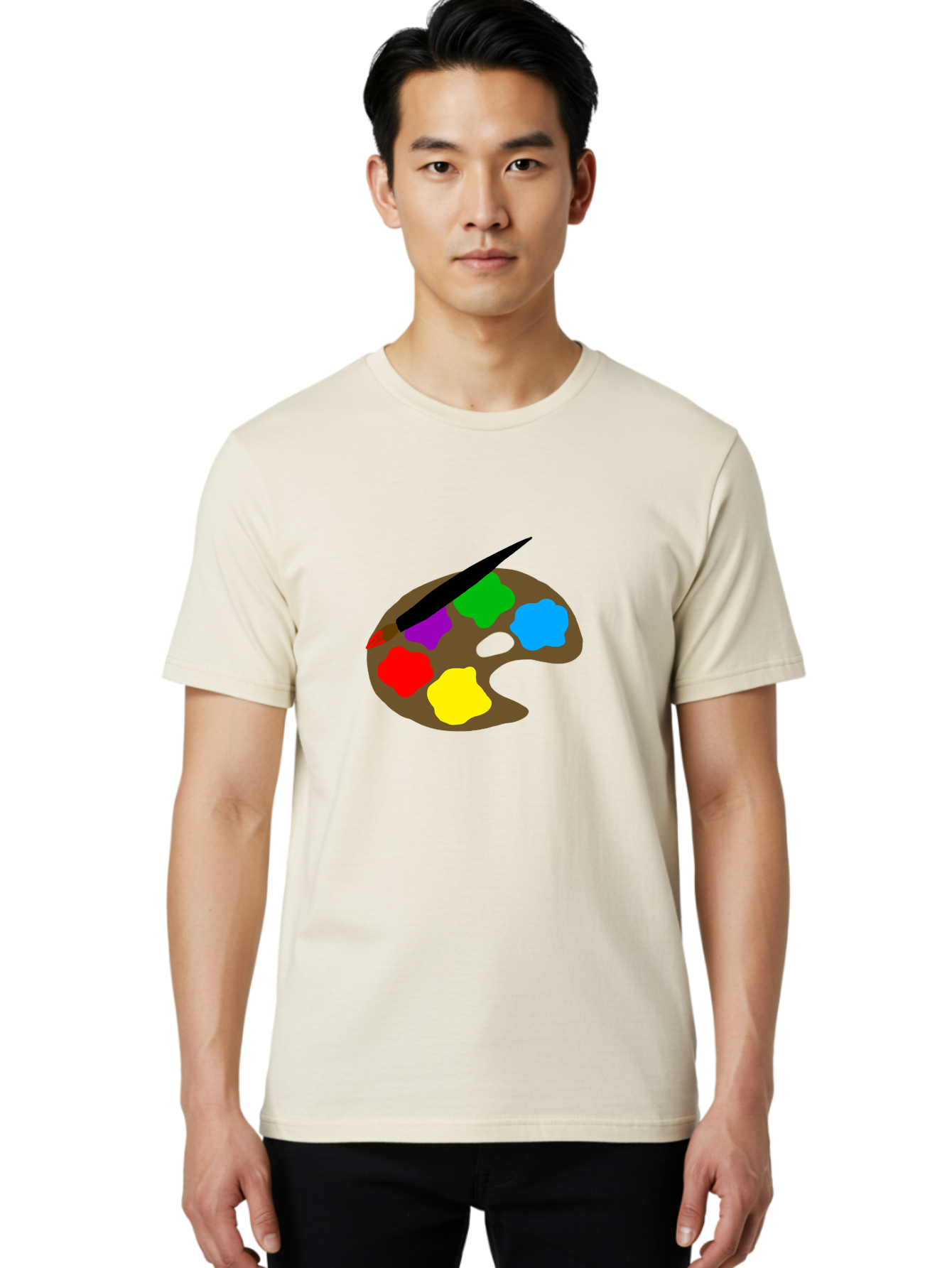 Paint-Palette Men'S Graphic Tee, 100% Cotton, Comfortable Casual Summer Wear, Machine Washable, Artist'S Palette, Painting Supplies, Colorful Paints, Artistic Tools, Creative Expression, Vibrant Colors, Red, Yellow, Blue, Green, Purple - Aaa107 8