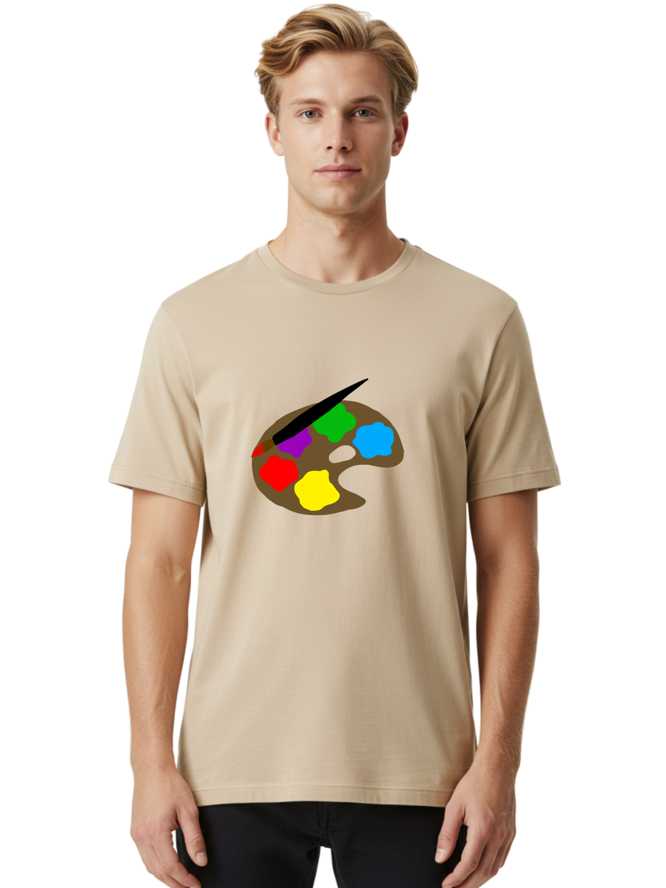 Paint-Palette Men'S Graphic Tee, 100% Cotton, Comfortable Casual Summer Wear, Machine Washable, Artist'S Palette, Painting Supplies, Colorful Paints, Artistic Tools, Creative Expression, Vibrant Colors, Red, Yellow, Blue, Green, Purple - Aaa107 4
