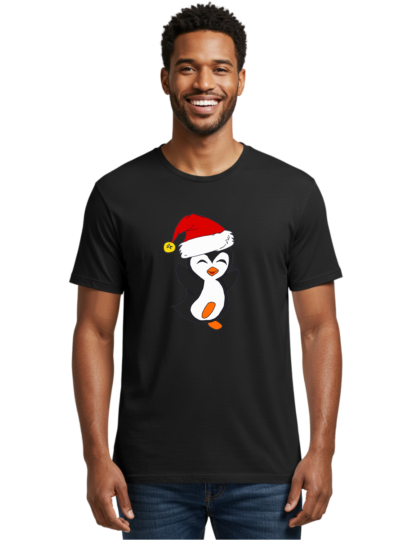 Penguin-With-Santa-Hat Men'S Graphic Tee, 100% Cotton, Comfortable Casual Summer Wear, Machine Washable, Cartoon Penguin, Santa Hat, Christmas Character, Festive Holiday, Cartoon Illustration, Winter Wonderland, Cute Animal, - Aaa110 12