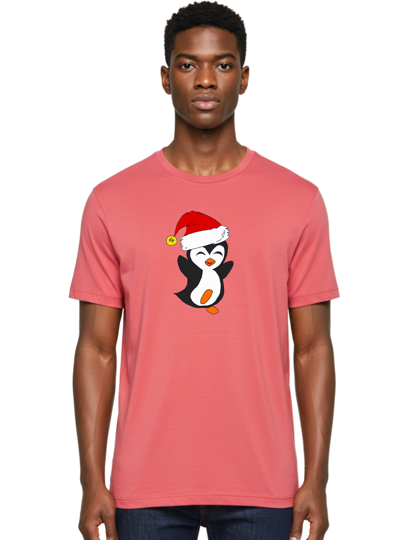 Penguin-With-Santa-Hat Men'S Graphic Tee, 100% Cotton, Comfortable Casual Summer Wear, Machine Washable, Cartoon Penguin, Santa Hat, Christmas Character, Festive Holiday, Cartoon Illustration, Winter Wonderland, Cute Animal, - Aaa110 20