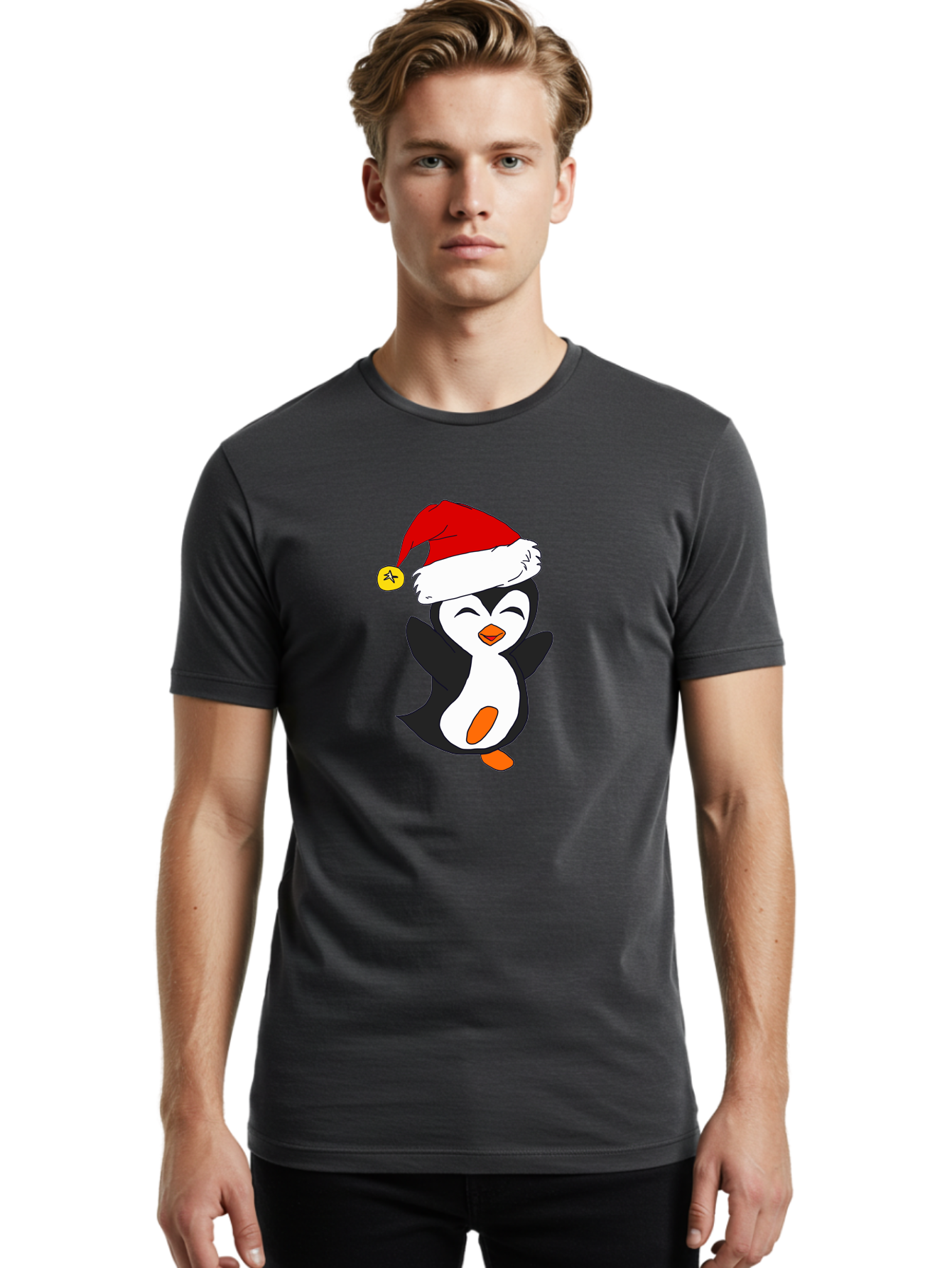 Penguin-With-Santa-Hat Men'S Graphic Tee, 100% Cotton, Comfortable Casual Summer Wear, Machine Washable, Cartoon Penguin, Santa Hat, Christmas Character, Festive Holiday, Cartoon Illustration, Winter Wonderland, Cute Animal, - Aaa110 4