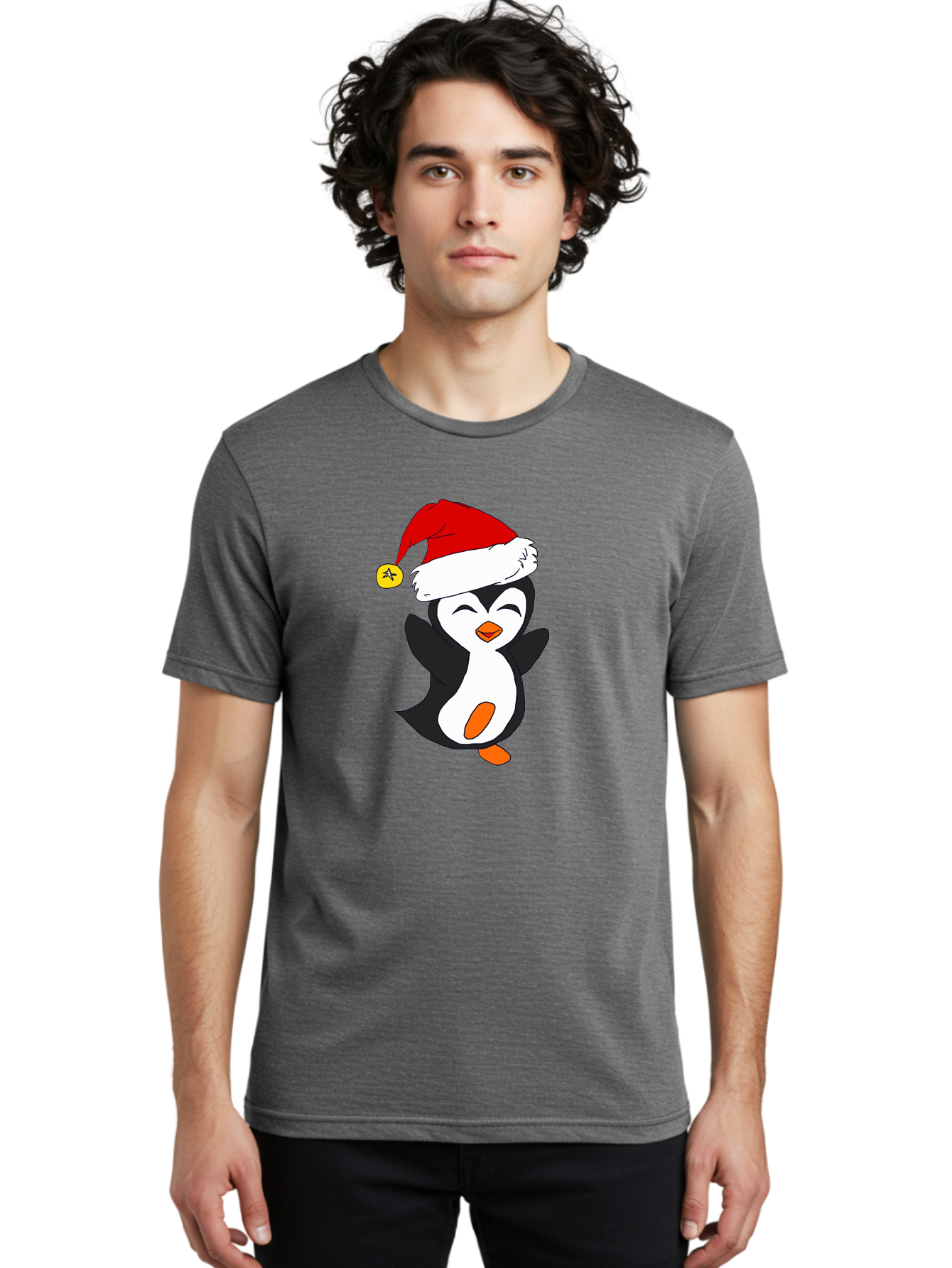 Penguin-With-Santa-Hat Men'S Graphic Tee, 100% Cotton, Comfortable Casual Summer Wear, Machine Washable, Cartoon Penguin, Santa Hat, Christmas Character, Festive Holiday, Cartoon Illustration, Winter Wonderland, Cute Animal, - Aaa110 6