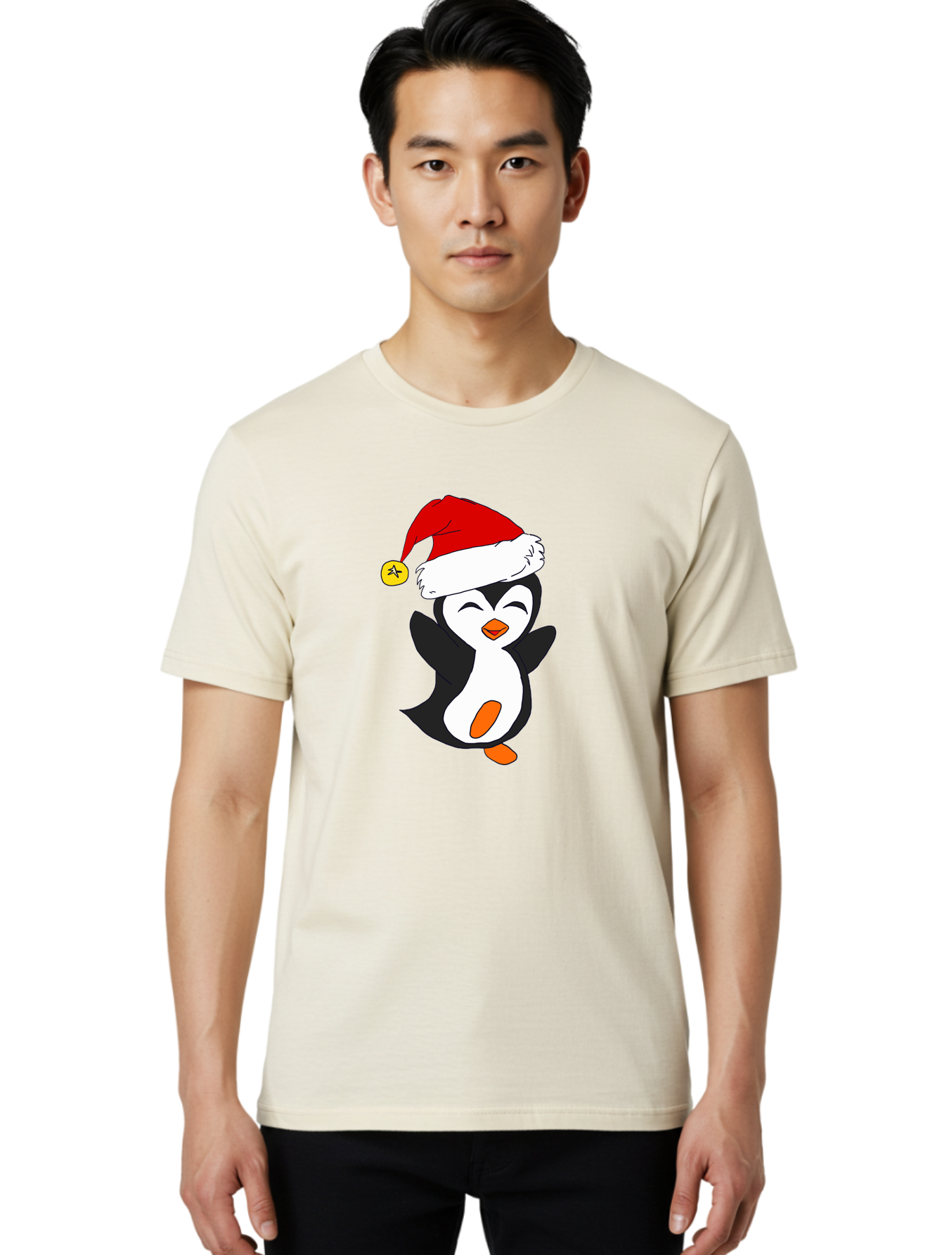 Penguin-With-Santa-Hat Men'S Graphic Tee, 100% Cotton, Comfortable Casual Summer Wear, Machine Washable, Cartoon Penguin, Santa Hat, Christmas Character, Festive Holiday, Cartoon Illustration, Winter Wonderland, Cute Animal, - Aaa110 14