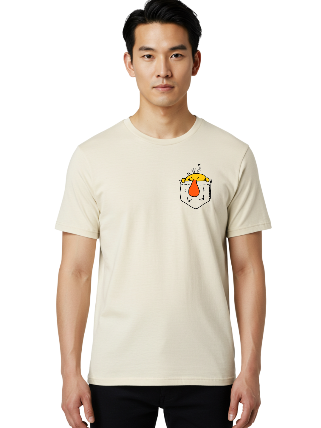 Pocket-Chicken Men'S Graphic Tee, 100% Cotton, Comfortable Casual Summer Wear, Machine Washable, Cartoon Chicken, Crying Face, Pocket Illustration, Orange Teardrop, Emotional Expression, Simple Doodle, Quirky Design, Funny Character - Aaa114 22