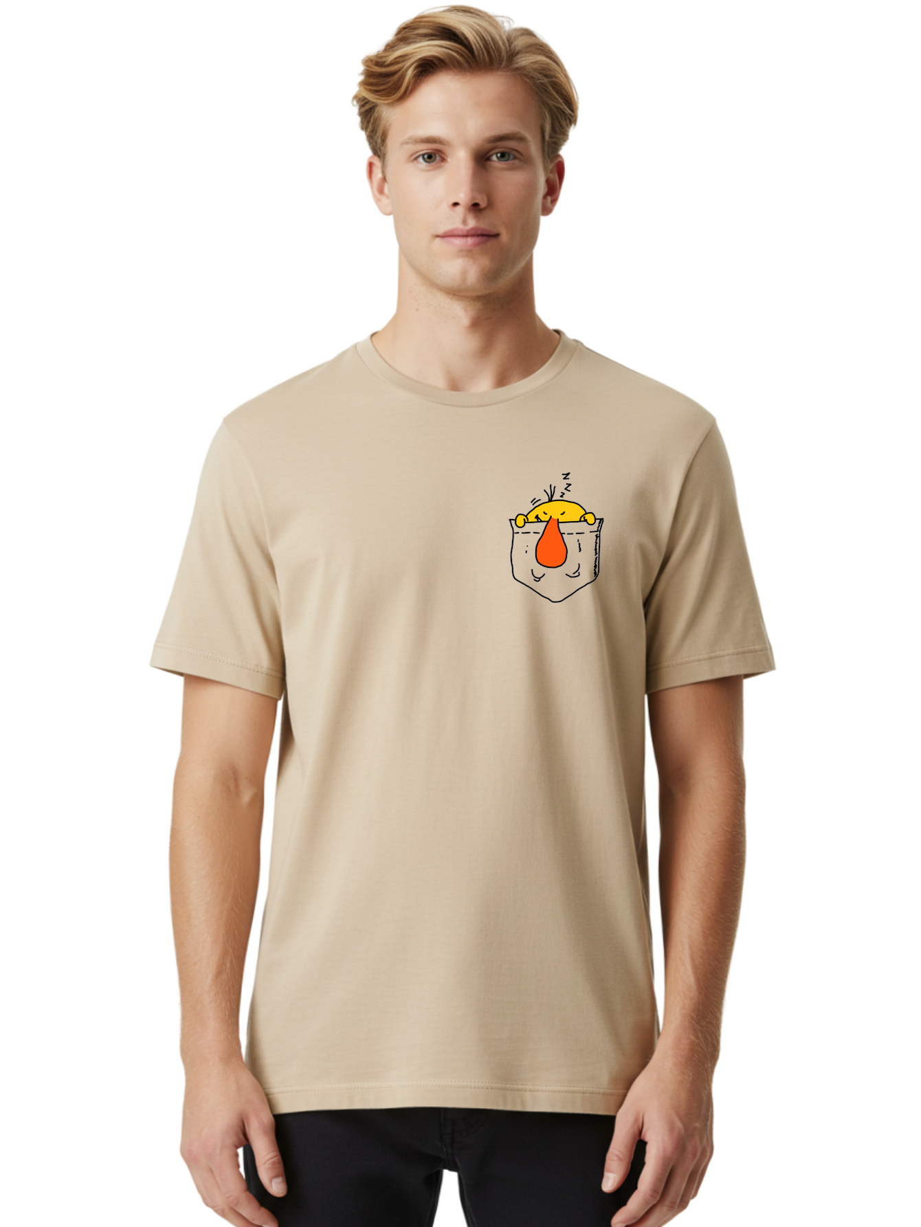 Pocket-Chicken Men'S Graphic Tee, 100% Cotton, Comfortable Casual Summer Wear, Machine Washable, Cartoon Chicken, Crying Face, Pocket Illustration, Orange Teardrop, Emotional Expression, Simple Doodle, Quirky Design, Funny Character - Aaa114 16