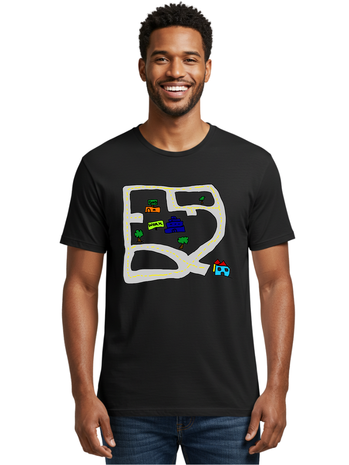 Road-Map Men'S Graphic Tee, 100% Cotton, Comfortable Casual Summer Wear, Machine Washable, Road To Work, Home Sweet Home, Daily Commute, Office Building, Daily Routine, Morning Journey - Aaa116 14