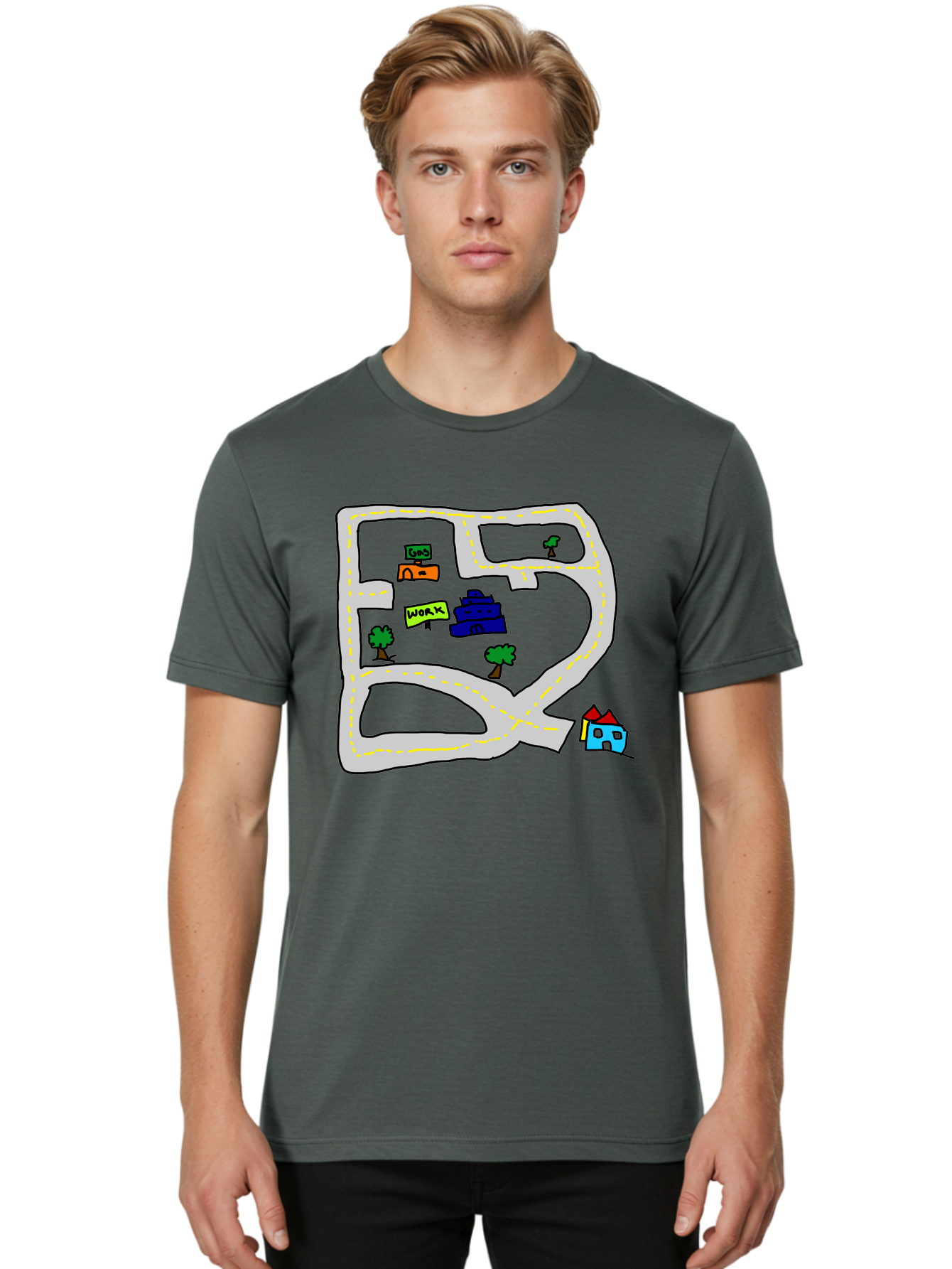 Road-Map Men'S Graphic Tee, 100% Cotton, Comfortable Casual Summer Wear, Machine Washable, Road To Work, Home Sweet Home, Daily Commute, Office Building, Daily Routine, Morning Journey - Aaa116 30