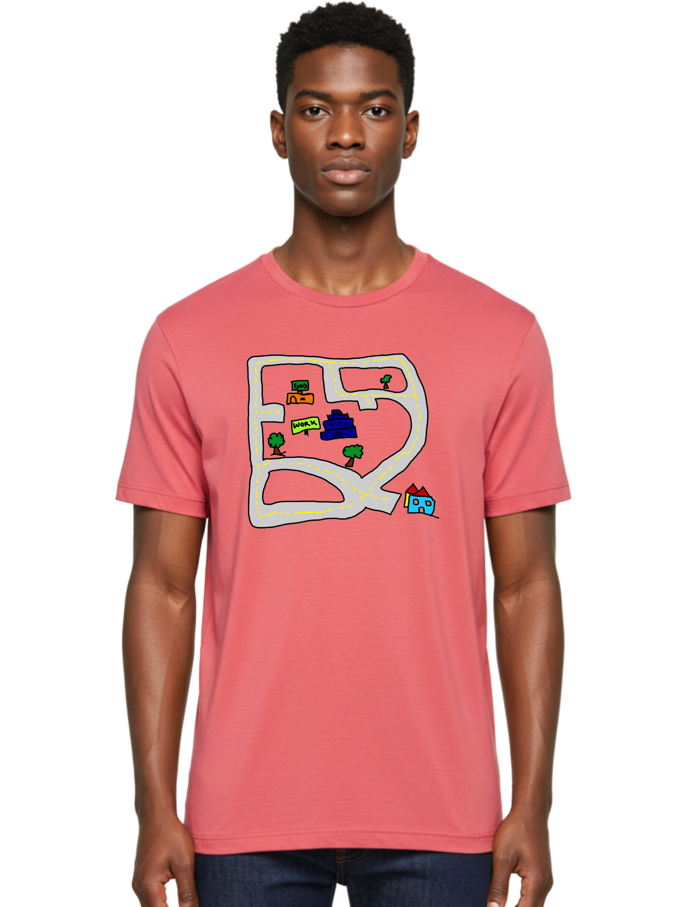 Road-Map Men'S Graphic Tee, 100% Cotton, Comfortable Casual Summer Wear, Machine Washable, Road To Work, Home Sweet Home, Daily Commute, Office Building, Daily Routine, Morning Journey - Aaa116 24