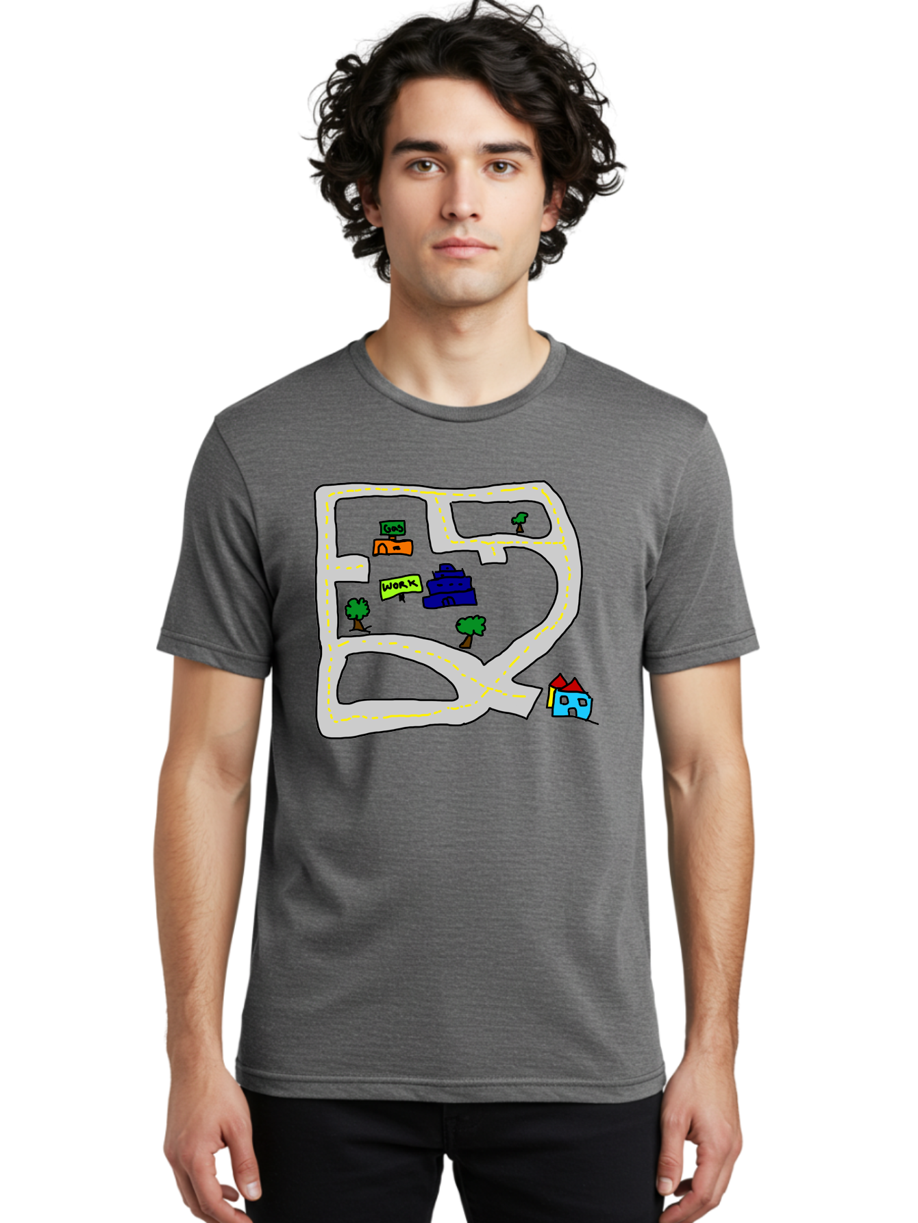 Road-Map Men'S Graphic Tee, 100% Cotton, Comfortable Casual Summer Wear, Machine Washable, Road To Work, Home Sweet Home, Daily Commute, Office Building, Daily Routine, Morning Journey - Aaa116 2