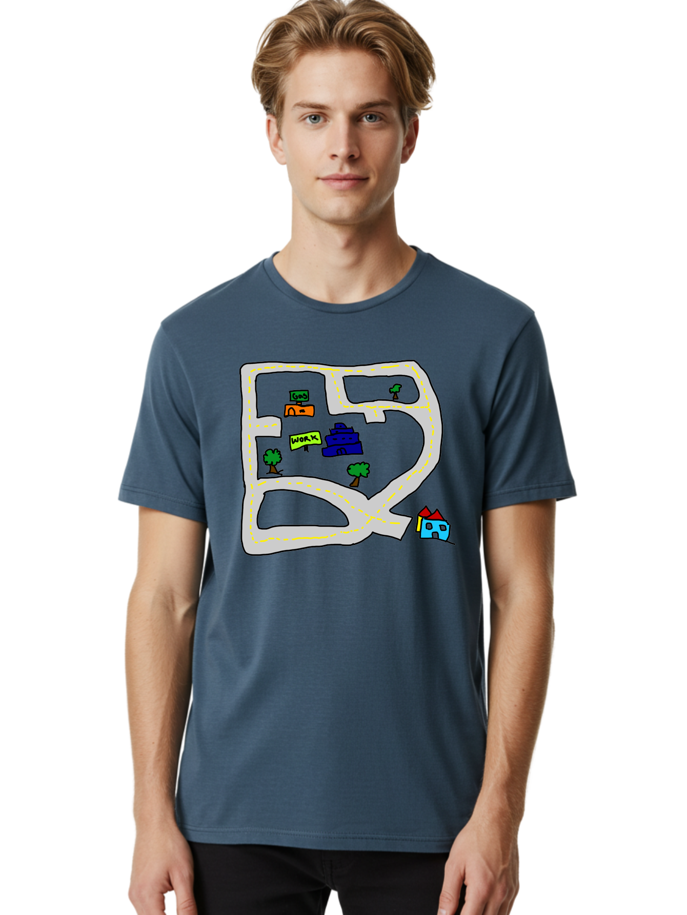 Road-Map Men'S Graphic Tee, 100% Cotton, Comfortable Casual Summer Wear, Machine Washable, Road To Work, Home Sweet Home, Daily Commute, Office Building, Daily Routine, Morning Journey - Aaa116 4