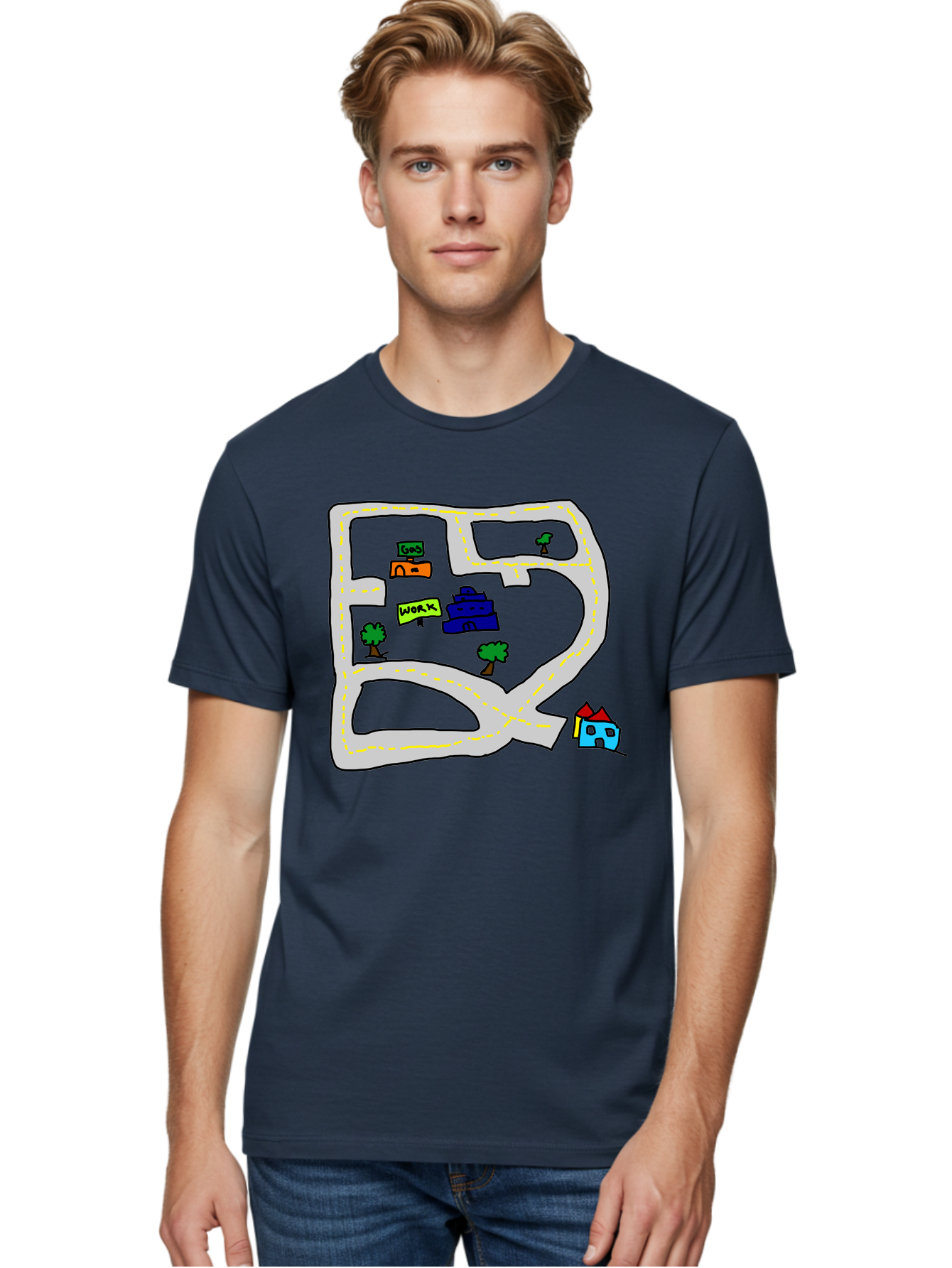 Road-Map Men'S Graphic Tee, 100% Cotton, Comfortable Casual Summer Wear, Machine Washable, Road To Work, Home Sweet Home, Daily Commute, Office Building, Daily Routine, Morning Journey - Aaa116 10