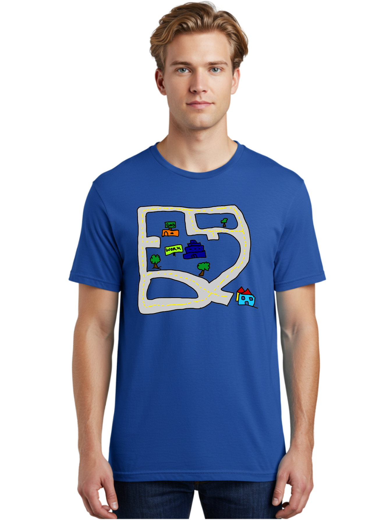 Road-Map Men'S Graphic Tee, 100% Cotton, Comfortable Casual Summer Wear, Machine Washable, Road To Work, Home Sweet Home, Daily Commute, Office Building, Daily Routine, Morning Journey - Aaa116 26