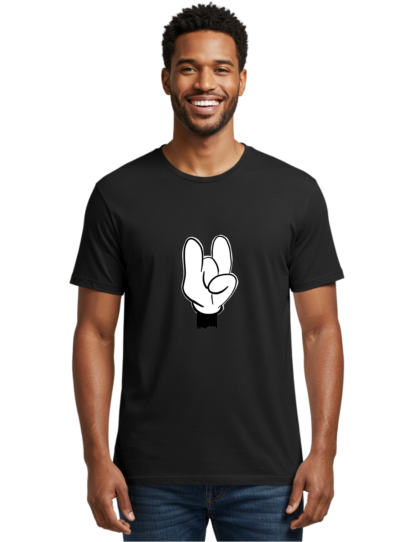 Rock-On-Hand Men'S Graphic Tee, 100% Cotton, Comfortable Casual Summer Wear, Machine Washable, Hand Gesture, Peace Sign, Cartoon Illustration, White Hand, Black Sleeve, Simple Design, Symbol Of Peace, Illustration Art, Graphic Design - Aaa117 4