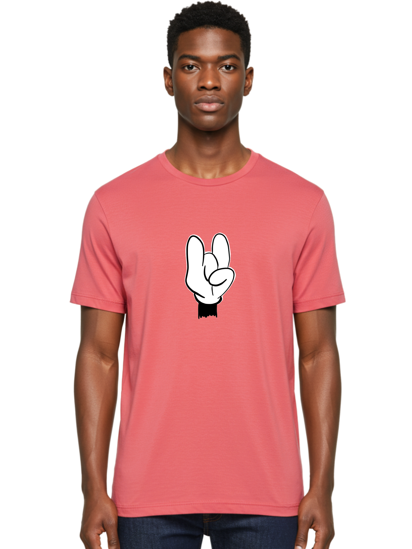 Rock-On-Hand Men'S Graphic Tee, 100% Cotton, Comfortable Casual Summer Wear, Machine Washable, Hand Gesture, Peace Sign, Cartoon Illustration, White Hand, Black Sleeve, Simple Design, Symbol Of Peace, Illustration Art, Graphic Design - Aaa117 10
