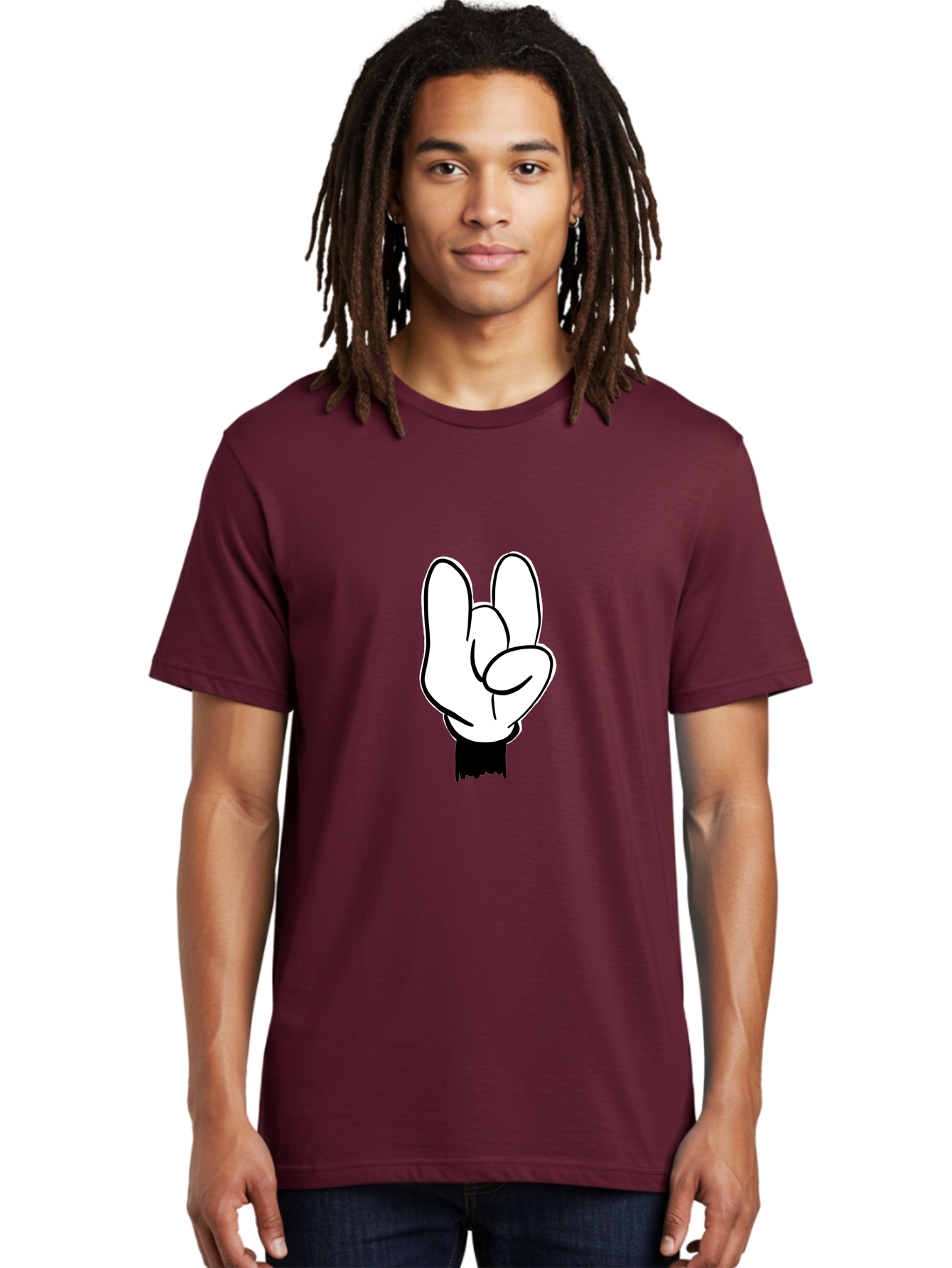 Rock-On-Hand Men'S Graphic Tee, 100% Cotton, Comfortable Casual Summer Wear, Machine Washable, Hand Gesture, Peace Sign, Cartoon Illustration, White Hand, Black Sleeve, Simple Design, Symbol Of Peace, Illustration Art, Graphic Design - Aaa117 30