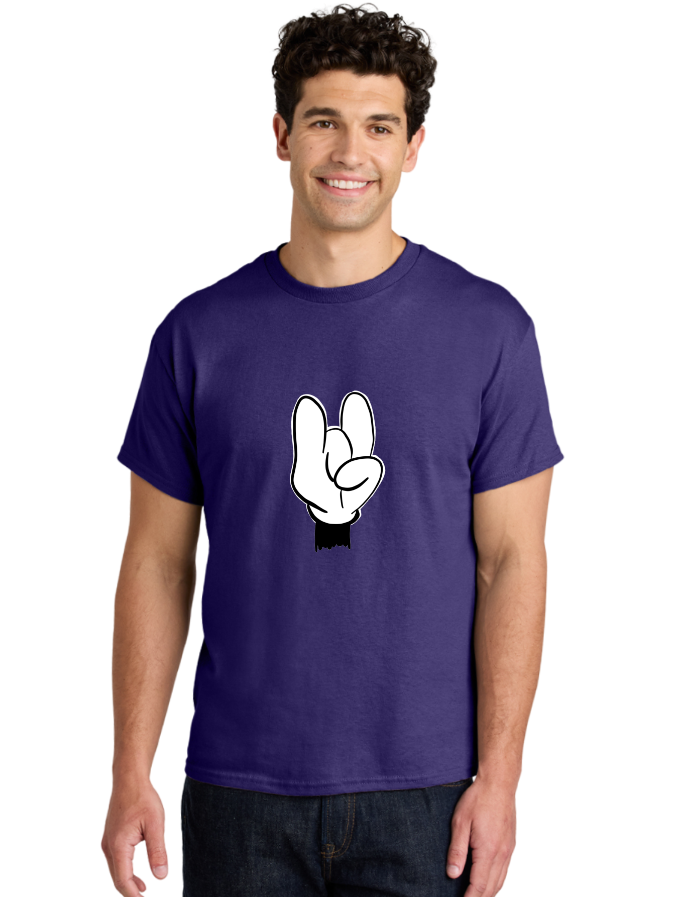 Rock-On-Hand Men'S Graphic Tee, 100% Cotton, Comfortable Casual Summer Wear, Machine Washable, Hand Gesture, Peace Sign, Cartoon Illustration, White Hand, Black Sleeve, Simple Design, Symbol Of Peace, Illustration Art, Graphic Design - Aaa117 28