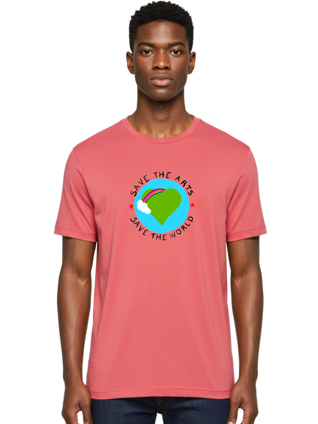 Save-The-Arts-Save-The-World Men'S Graphic Tee, 100% Cotton, Comfortable Casual Summer Wear, Machine Washable, Heart-Shaped Earth, Rainbow, Cloud, Save The Arts, Save The World, Creative Expression, Artistic Activism, - Aaa120 20