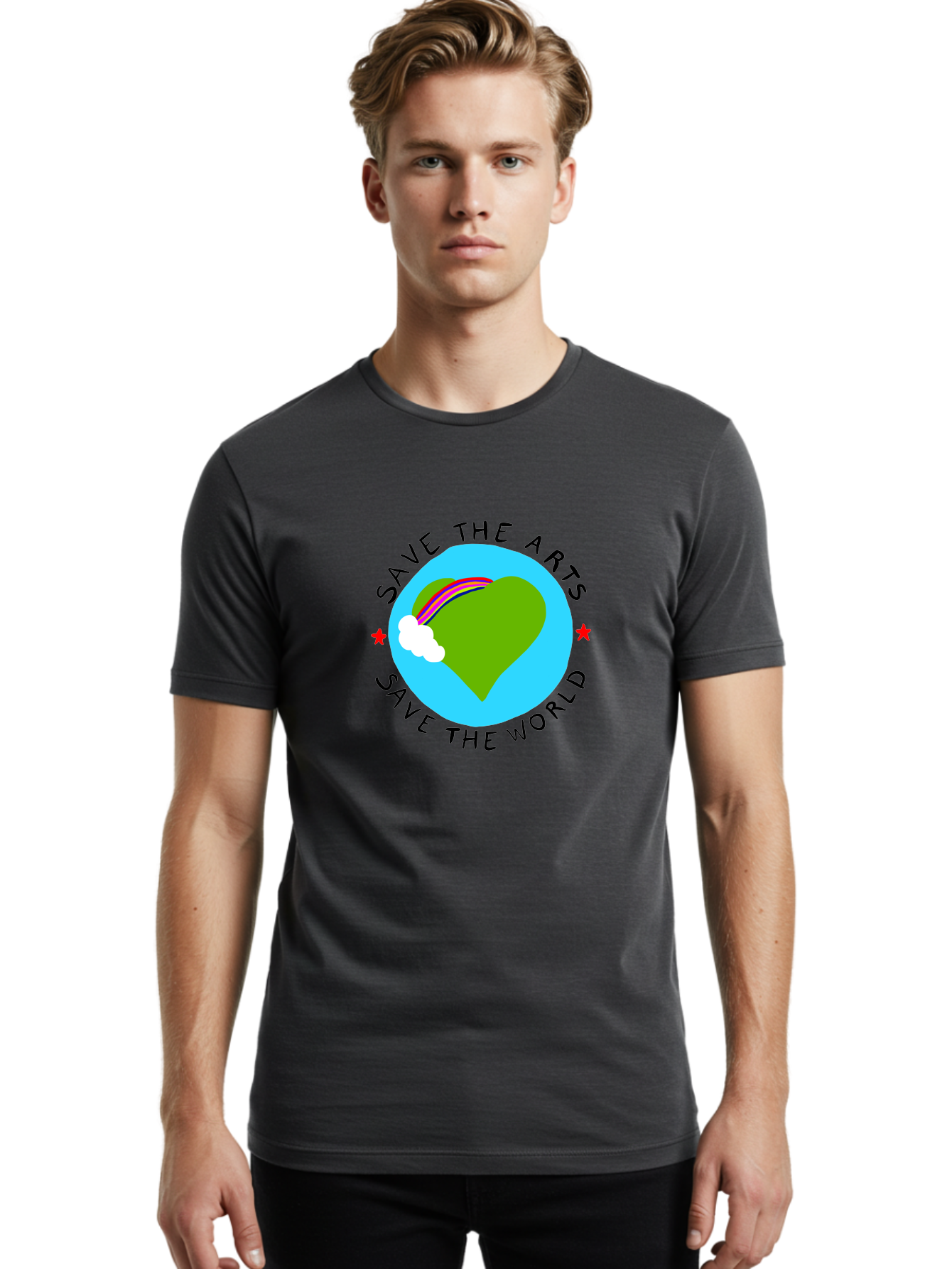 Save-The-Arts-Save-The-World Men'S Graphic Tee, 100% Cotton, Comfortable Casual Summer Wear, Machine Washable, Heart-Shaped Earth, Rainbow, Cloud, Save The Arts, Save The World, Creative Expression, Artistic Activism, - Aaa120 10
