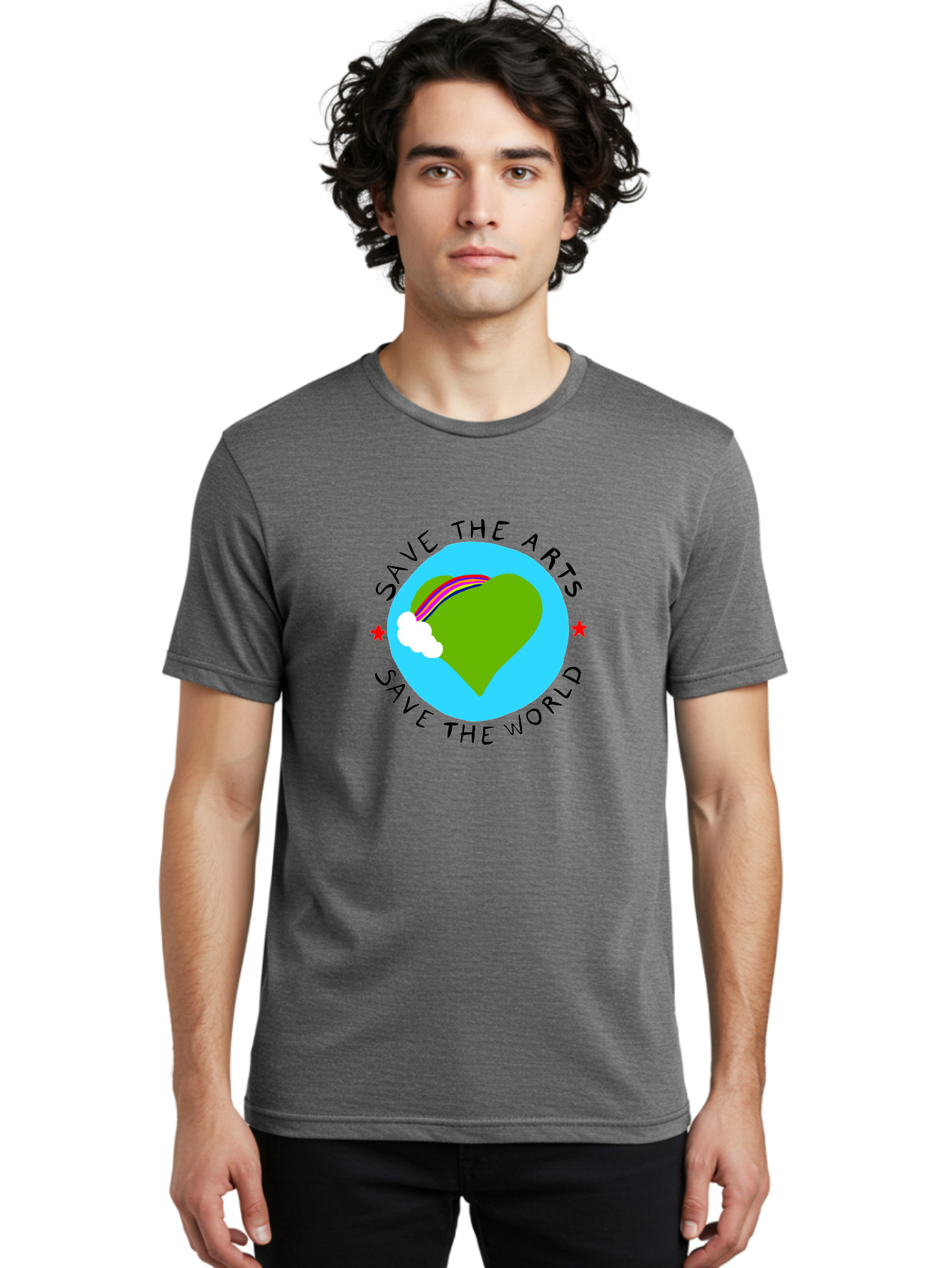 Save-The-Arts-Save-The-World Men'S Graphic Tee, 100% Cotton, Comfortable Casual Summer Wear, Machine Washable, Heart-Shaped Earth, Rainbow, Cloud, Save The Arts, Save The World, Creative Expression, Artistic Activism, - Aaa120 24