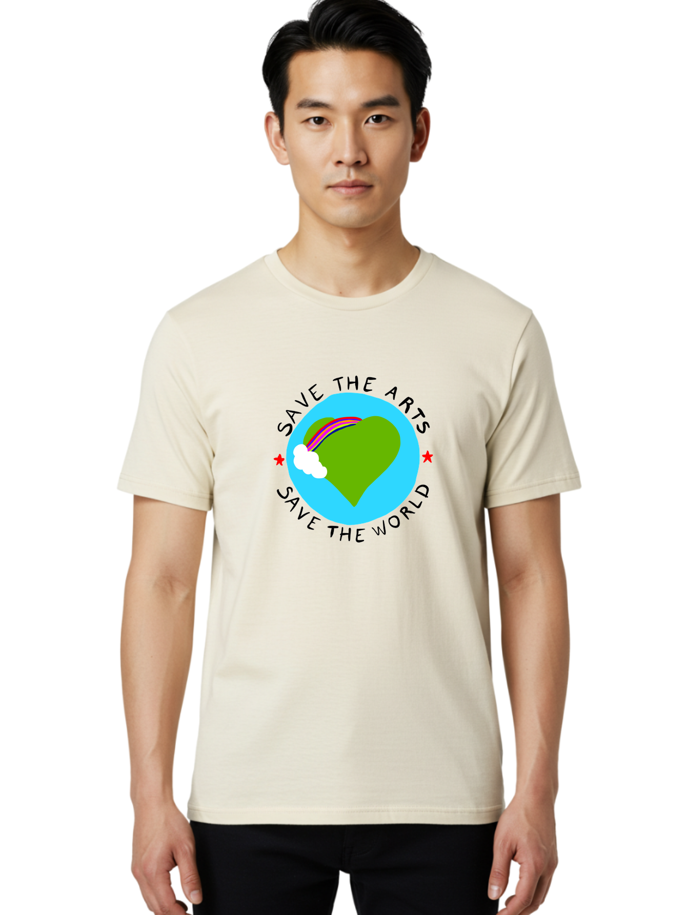 Save-The-Arts-Save-The-World Men'S Graphic Tee, 100% Cotton, Comfortable Casual Summer Wear, Machine Washable, Heart-Shaped Earth, Rainbow, Cloud, Save The Arts, Save The World, Creative Expression, Artistic Activism, - Aaa120 22