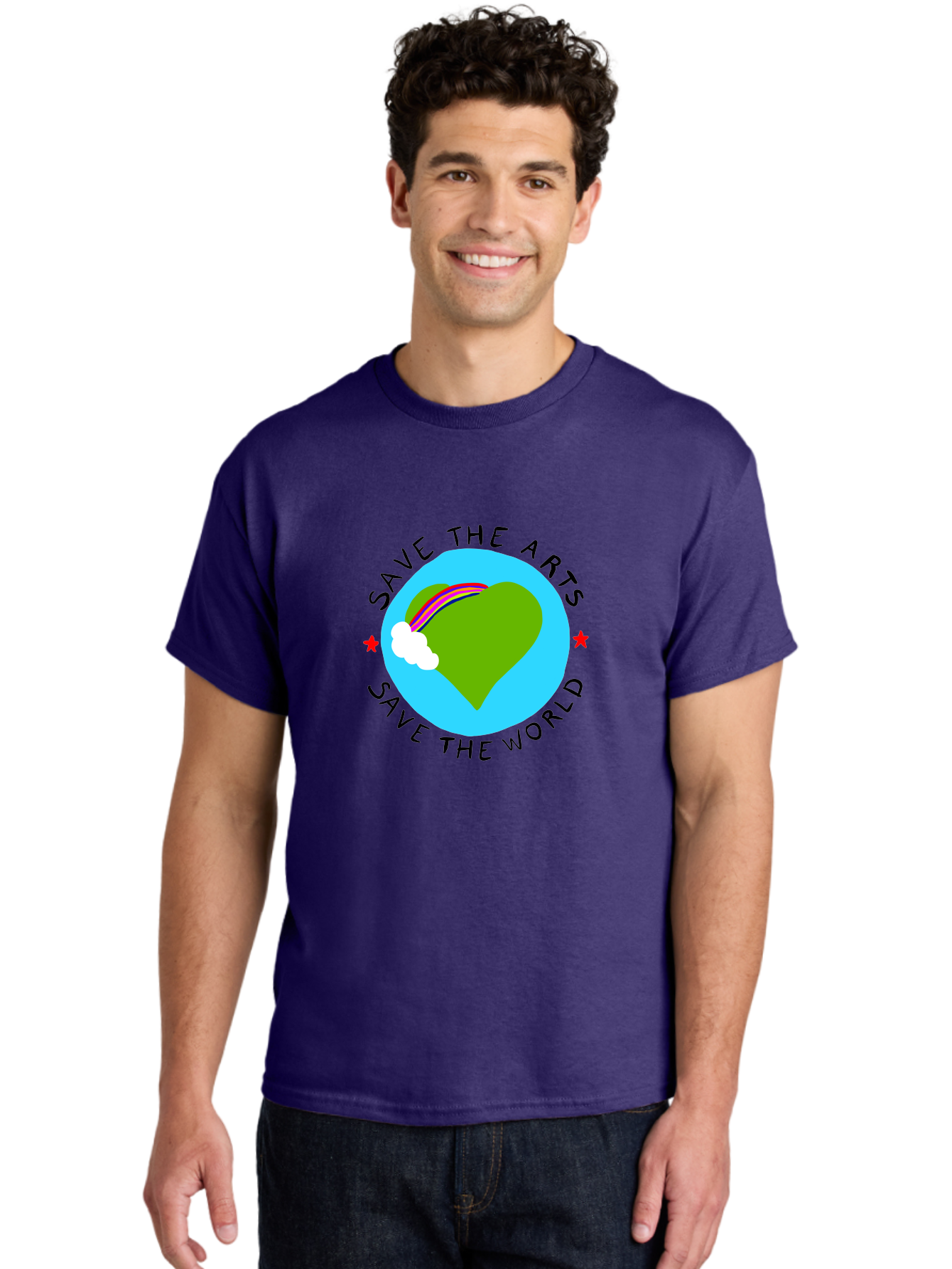 Save-The-Arts-Save-The-World Men'S Graphic Tee, 100% Cotton, Comfortable Casual Summer Wear, Machine Washable, Heart-Shaped Earth, Rainbow, Cloud, Save The Arts, Save The World, Creative Expression, Artistic Activism, - Aaa120 18