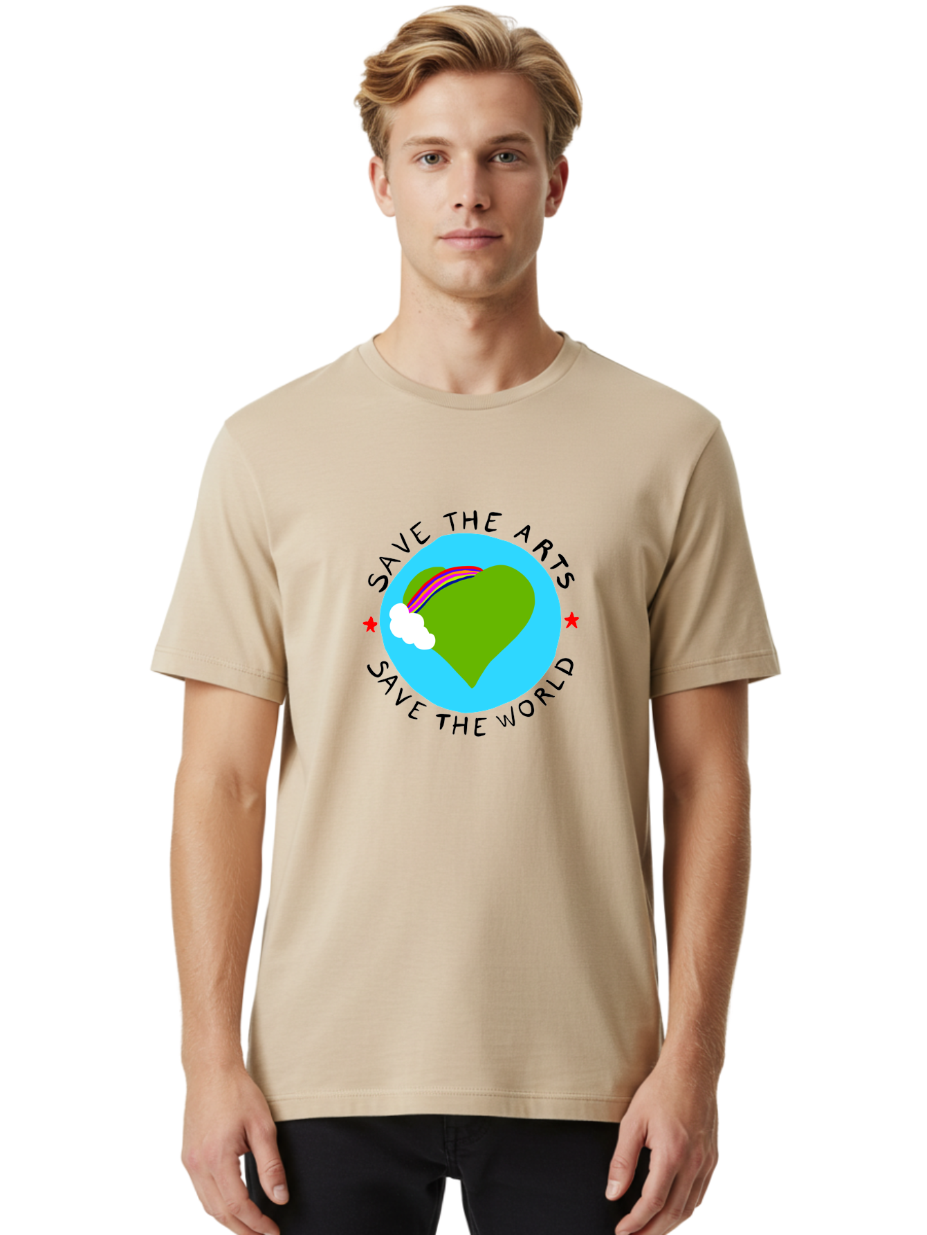 Save-The-Arts-Save-The-World Men'S Graphic Tee, 100% Cotton, Comfortable Casual Summer Wear, Machine Washable, Heart-Shaped Earth, Rainbow, Cloud, Save The Arts, Save The World, Creative Expression, Artistic Activism, - Aaa120 28