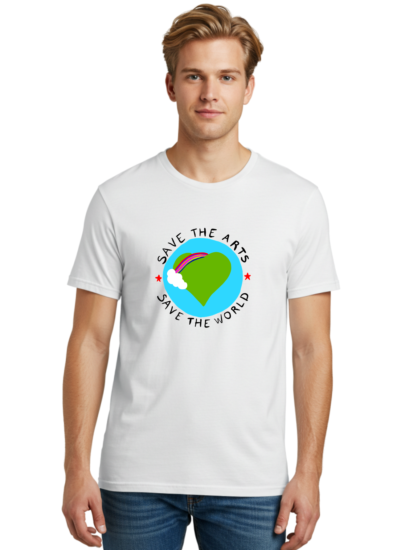 Save-The-Arts-Save-The-World Men'S Graphic Tee, 100% Cotton, Comfortable Casual Summer Wear, Machine Washable, Heart-Shaped Earth, Rainbow, Cloud, Save The Arts, Save The World, Creative Expression, Artistic Activism, - Aaa120 30