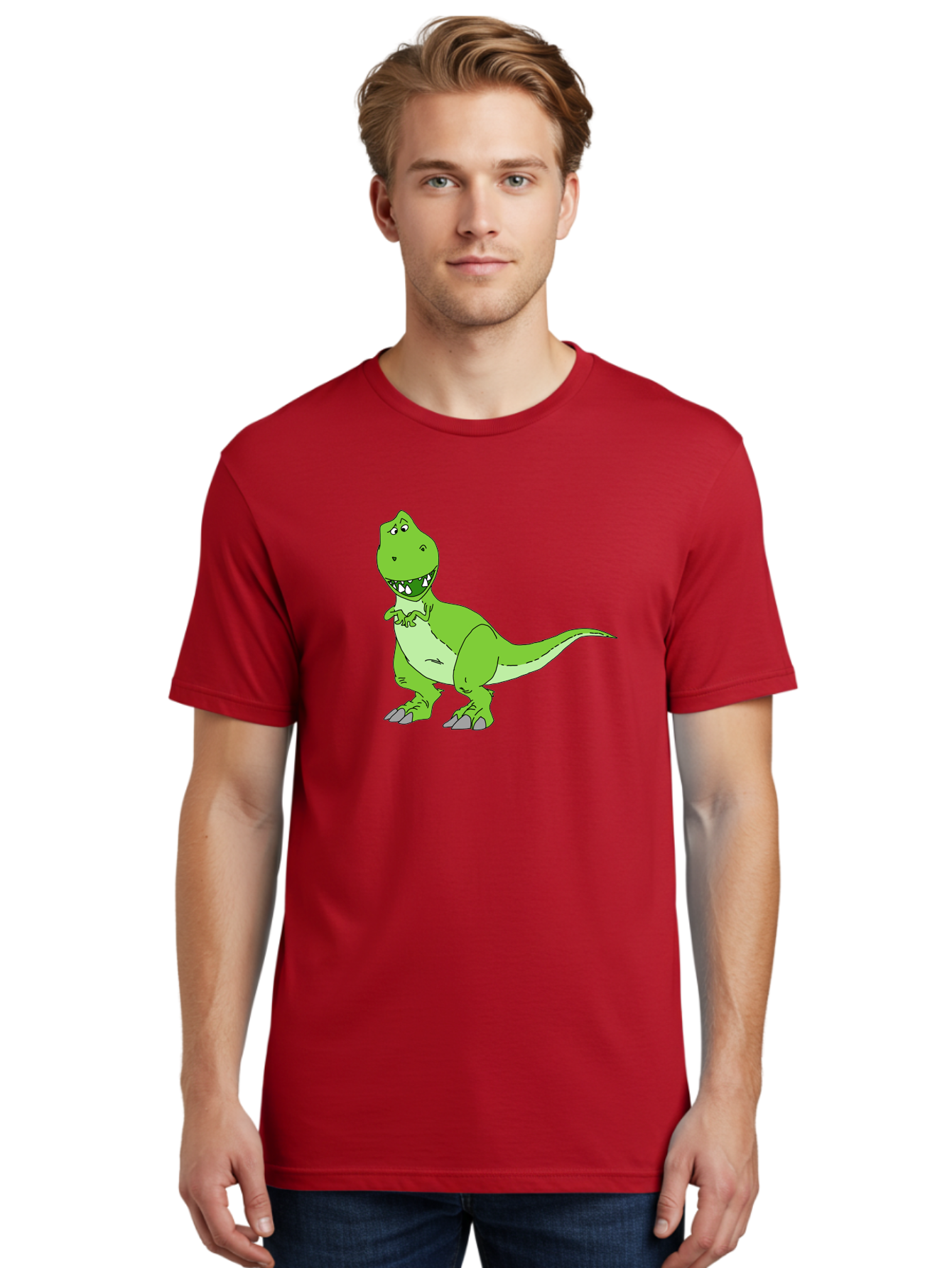 T-Rex Men'S Graphic Tee, 100% Cotton, Comfortable Casual Summer Wear, Machine Washable, Cartoon T-Rex, Green Dinosaur, Prehistoric Creature, Toothy Grin, Playful Expression, Dinosaur Illustration, Children'S Character, Fun And Friendly, - Aaa128 18