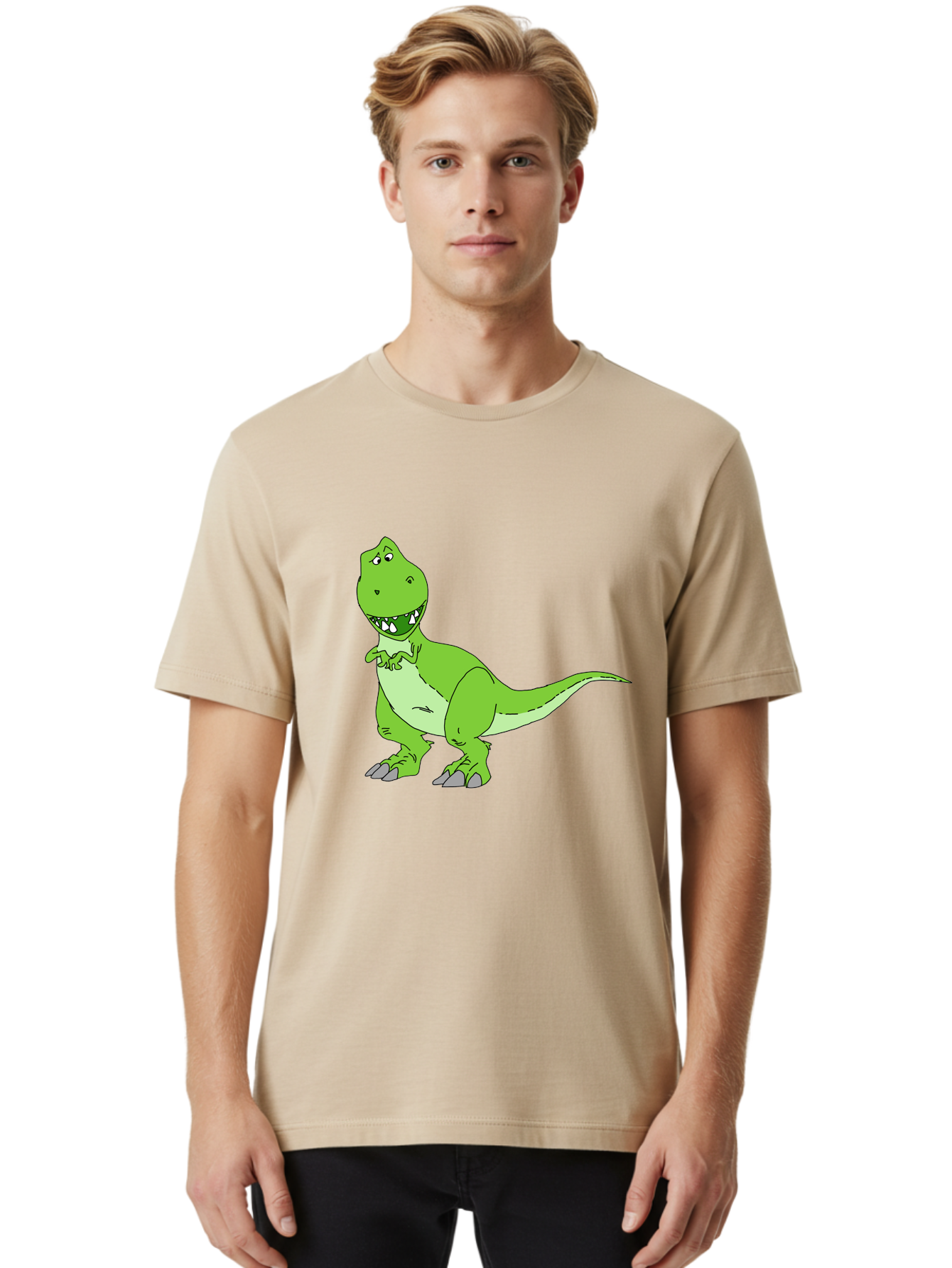 T-Rex Men'S Graphic Tee, 100% Cotton, Comfortable Casual Summer Wear, Machine Washable, Cartoon T-Rex, Green Dinosaur, Prehistoric Creature, Toothy Grin, Playful Expression, Dinosaur Illustration, Children'S Character, Fun And Friendly, - Aaa128 20