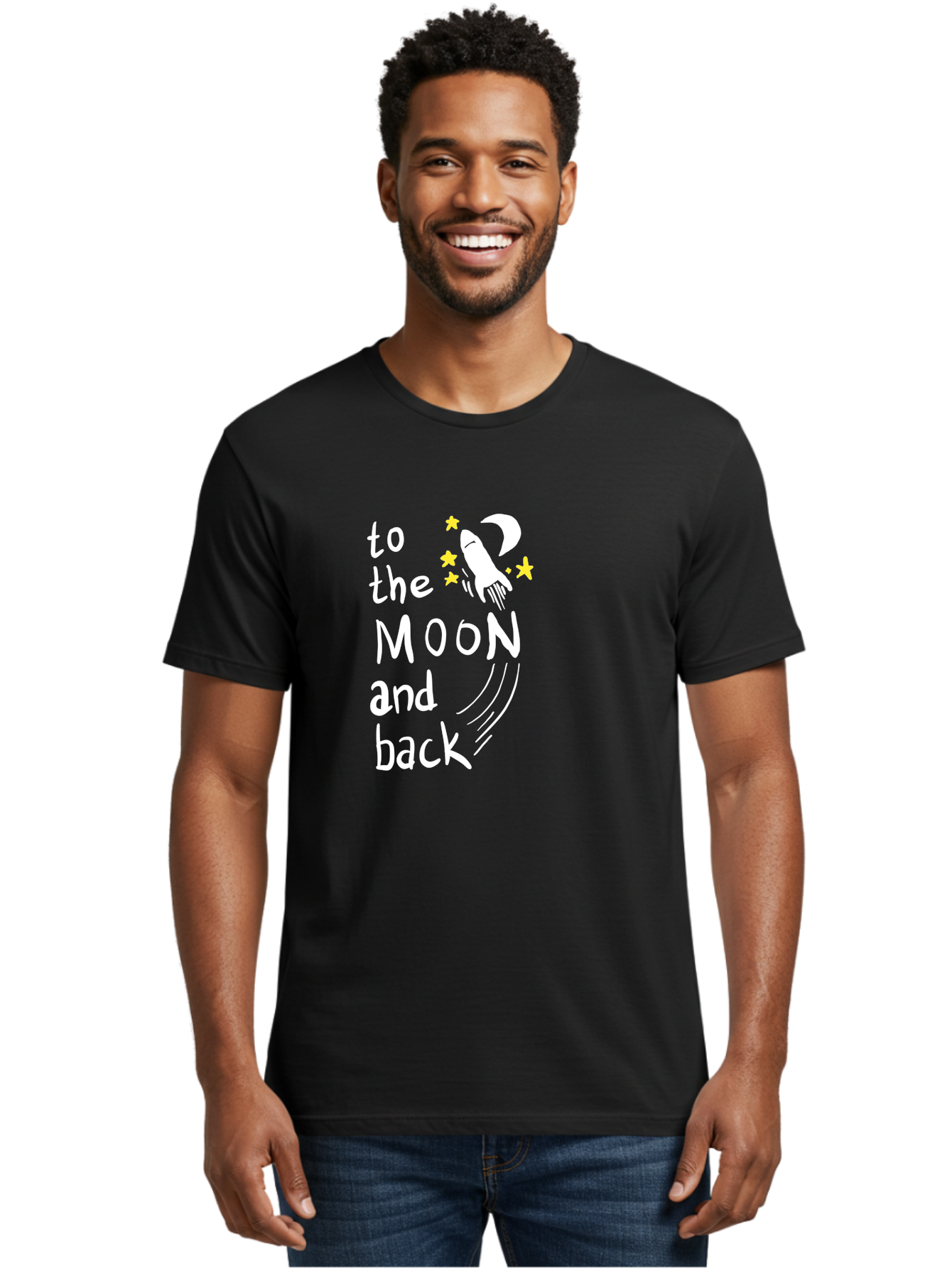 To-The-Moon-And-Back Men'S Graphic Tee, 100% Cotton, Comfortable Casual Summer Wear, Machine Washable, Space Travel, Rocket Ship, Moon Adventure, Love Phrase, Starry Night, Celestial Journey, Quirky Typography, Whimsical Illustration - Aaa134 24