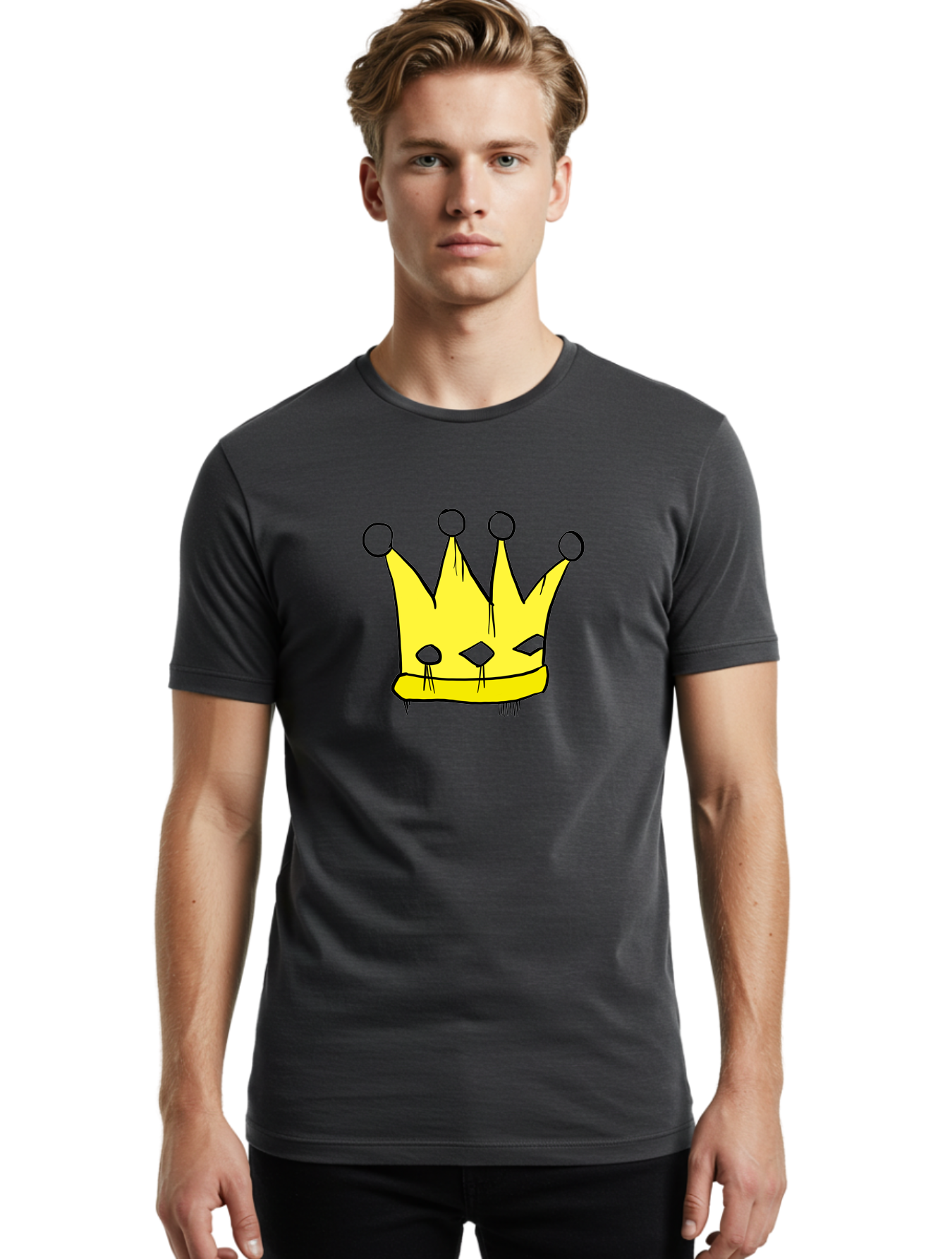Yellow-Crown Men'S Graphic Tee, 100% Cotton, Comfortable Casual Summer Wear, Machine Washable, Yellow Crown, Royal Symbol, Regal Headwear, Cartoon Style, Simple Design, Bold Lines, Simple Graphics, Monarch Emblem - Aaa146 24