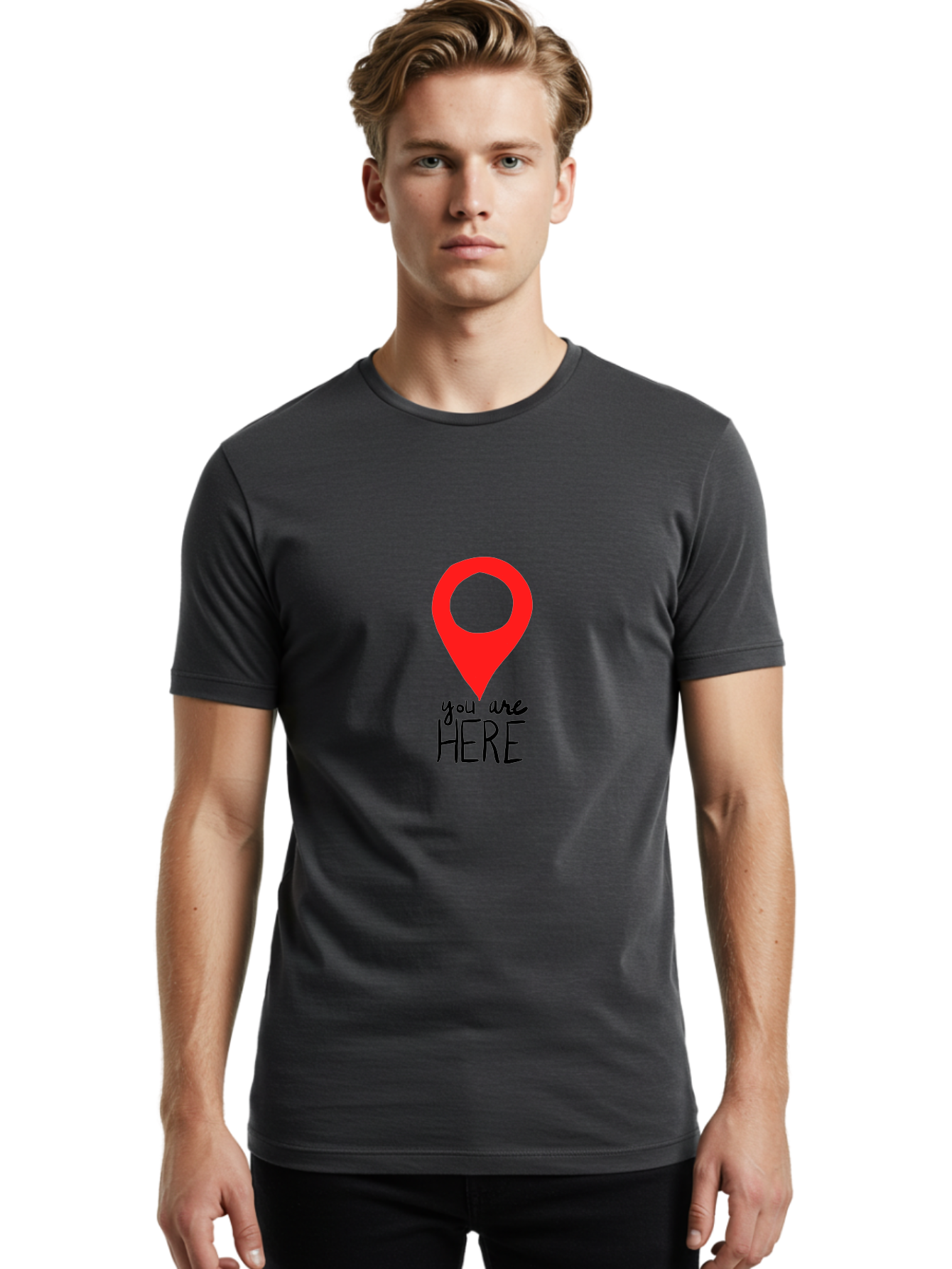 You-Are-Here Men'S Graphic Tee, 100% Cotton, Comfortable Casual Summer Wear, Machine Washable, Map Pin, Location Marker, Navigation Symbol, Gps Indicator, Direction Pointer, Red Icon, Black Text, You Are Here Sign - Aaa147 6