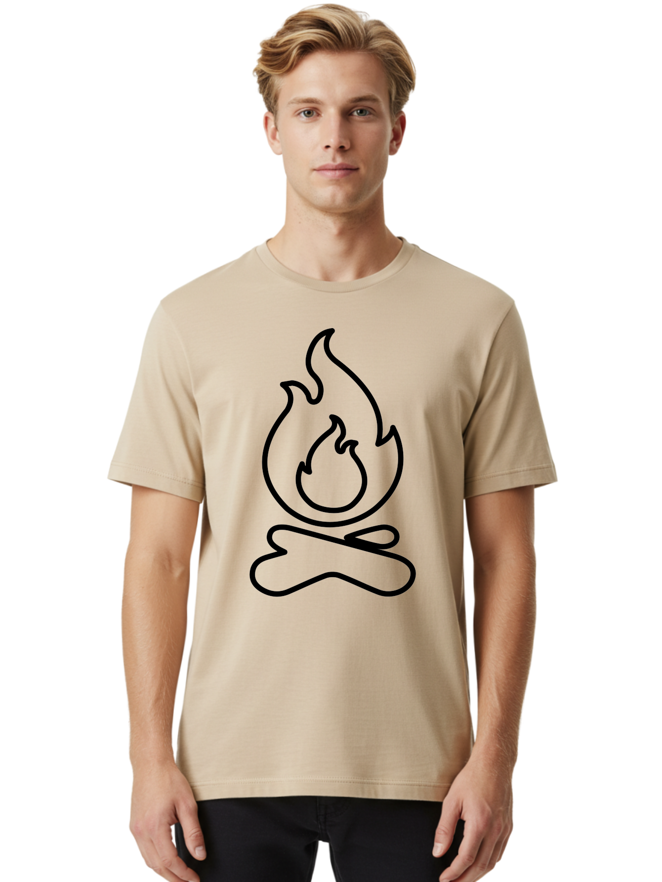 Campfire-2 Men'S Graphic Tee, 100% Cotton, Comfortable Casual Summer Wear, Machine Washable, Simple Line Art, Camp Fire Icon, Minimalist Design, Black Outline, Flame Symbol, Outdoor Adventure, Camping Theme, Warm Ambiance, - Aaa162 26