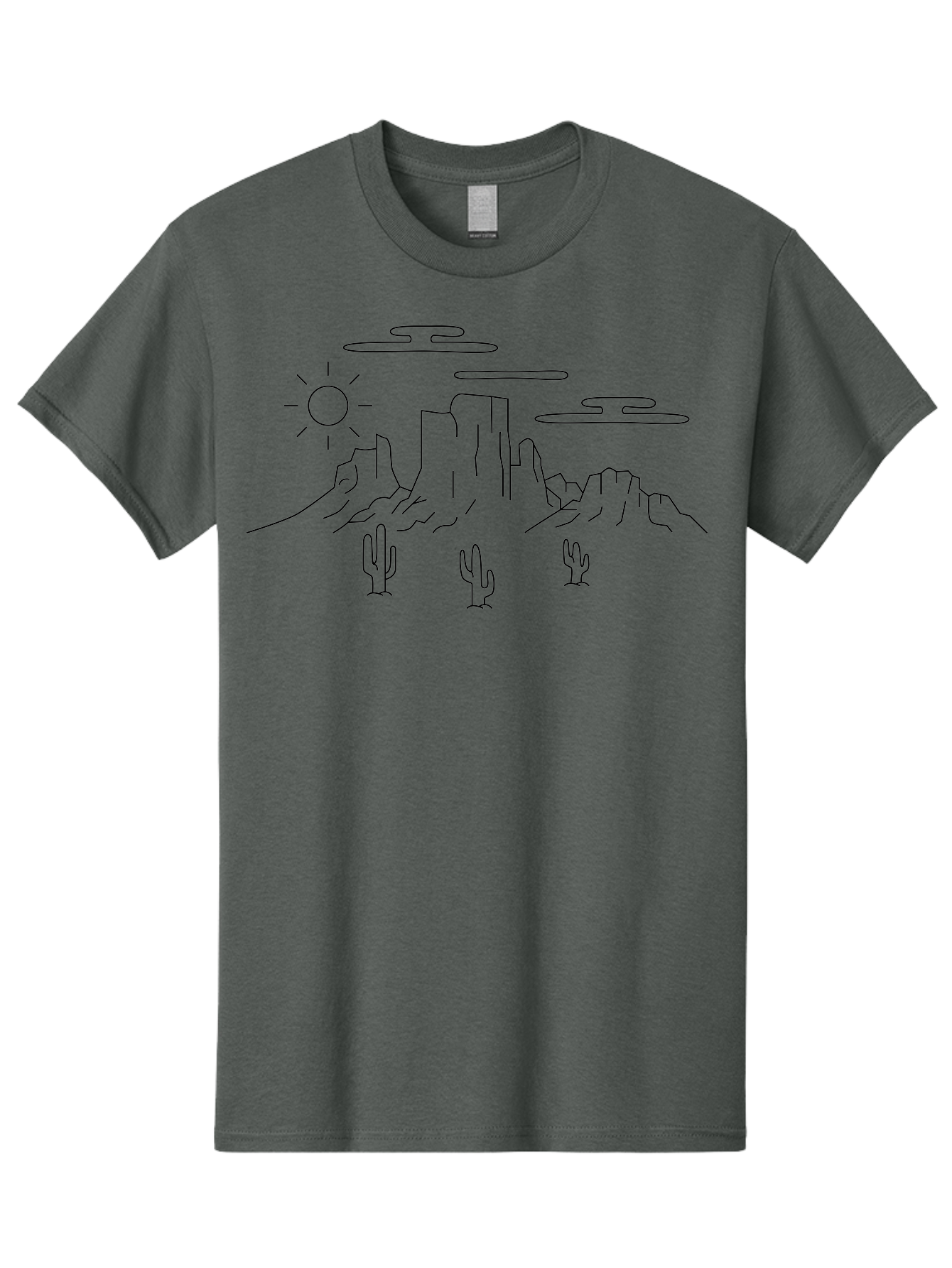 Desert-Landscape Men'S Graphic Tee, 100% Cotton, Comfortable Casual Summer Wear, Machine Washable, Desert Scene, Rocky Mountains, Cacti, Sun, Clouds, Minimalist Design, Simple Shapes, Black Outline, Serene Atmosphere, Southwest Landscape - Aaa184 13