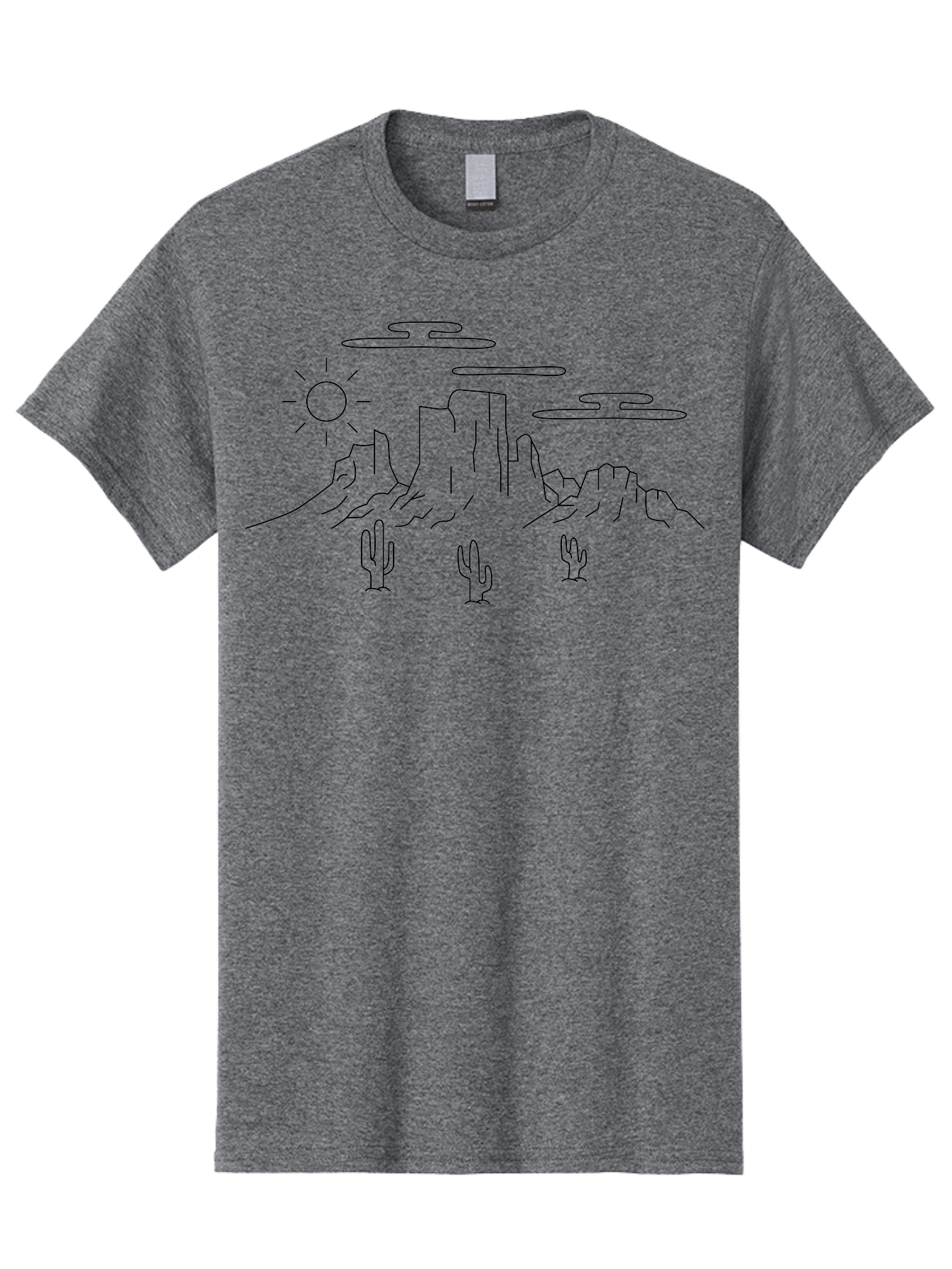 Desert-Landscape Men'S Graphic Tee, 100% Cotton, Comfortable Casual Summer Wear, Machine Washable, Desert Scene, Rocky Mountains, Cacti, Sun, Clouds, Minimalist Design, Simple Shapes, Black Outline, Serene Atmosphere, Southwest Landscape - Aaa184 27