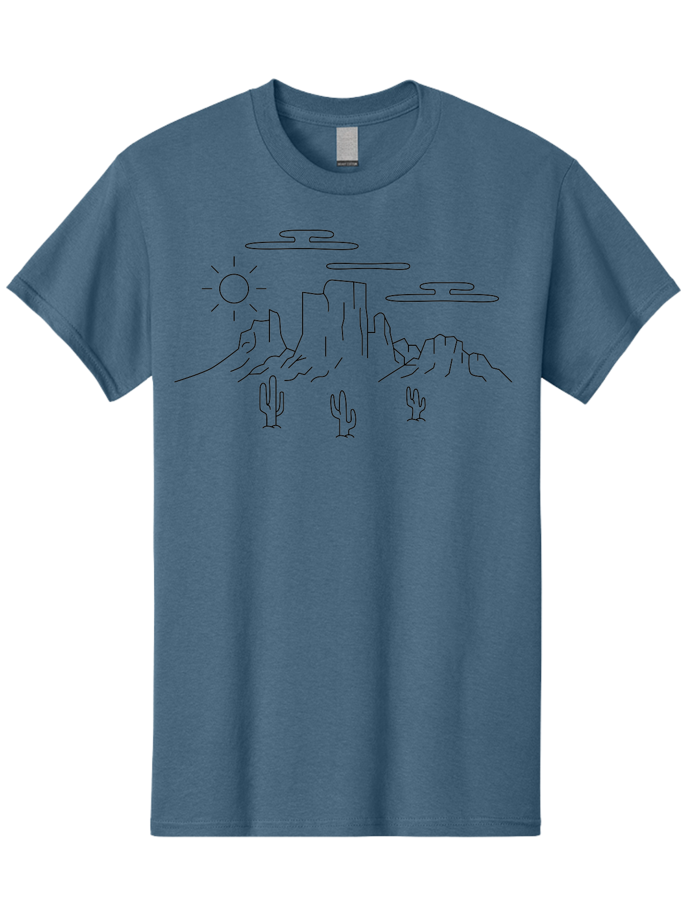 Desert-Landscape Men'S Graphic Tee, 100% Cotton, Comfortable Casual Summer Wear, Machine Washable, Desert Scene, Rocky Mountains, Cacti, Sun, Clouds, Minimalist Design, Simple Shapes, Black Outline, Serene Atmosphere, Southwest Landscape - Aaa184 21