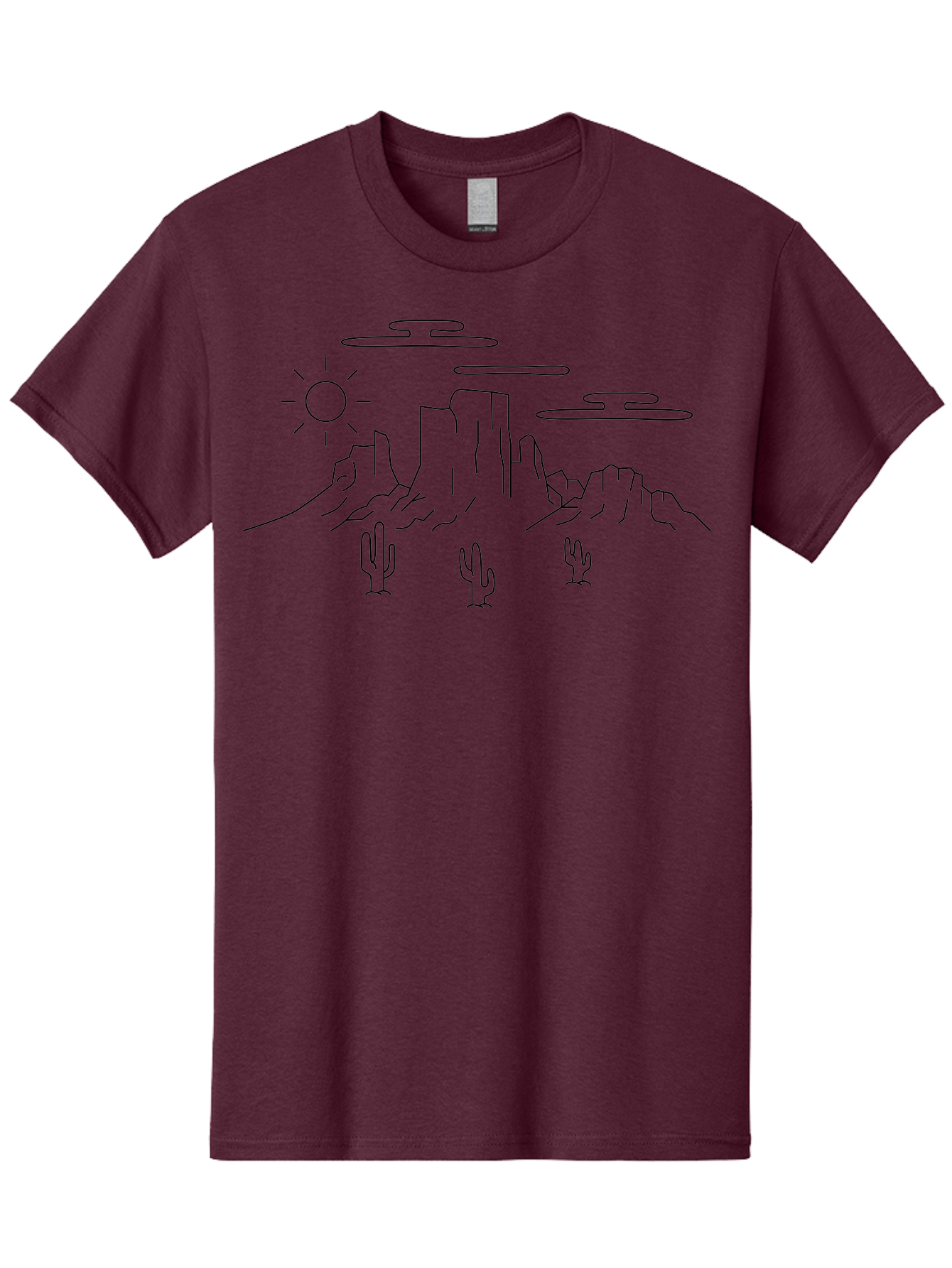 Desert-Landscape Men'S Graphic Tee, 100% Cotton, Comfortable Casual Summer Wear, Machine Washable, Desert Scene, Rocky Mountains, Cacti, Sun, Clouds, Minimalist Design, Simple Shapes, Black Outline, Serene Atmosphere, Southwest Landscape - Aaa184 17