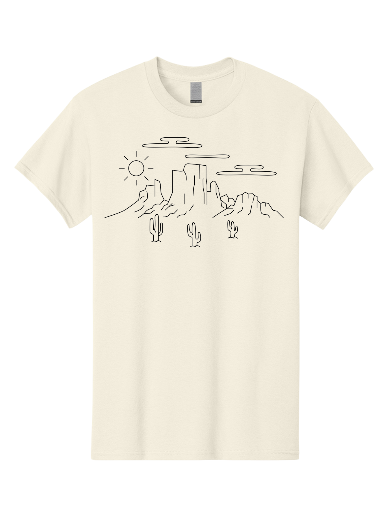 Desert-Landscape Men'S Graphic Tee, 100% Cotton, Comfortable Casual Summer Wear, Machine Washable, Desert Scene, Rocky Mountains, Cacti, Sun, Clouds, Minimalist Design, Simple Shapes, Black Outline, Serene Atmosphere, Southwest Landscape - Aaa184 23