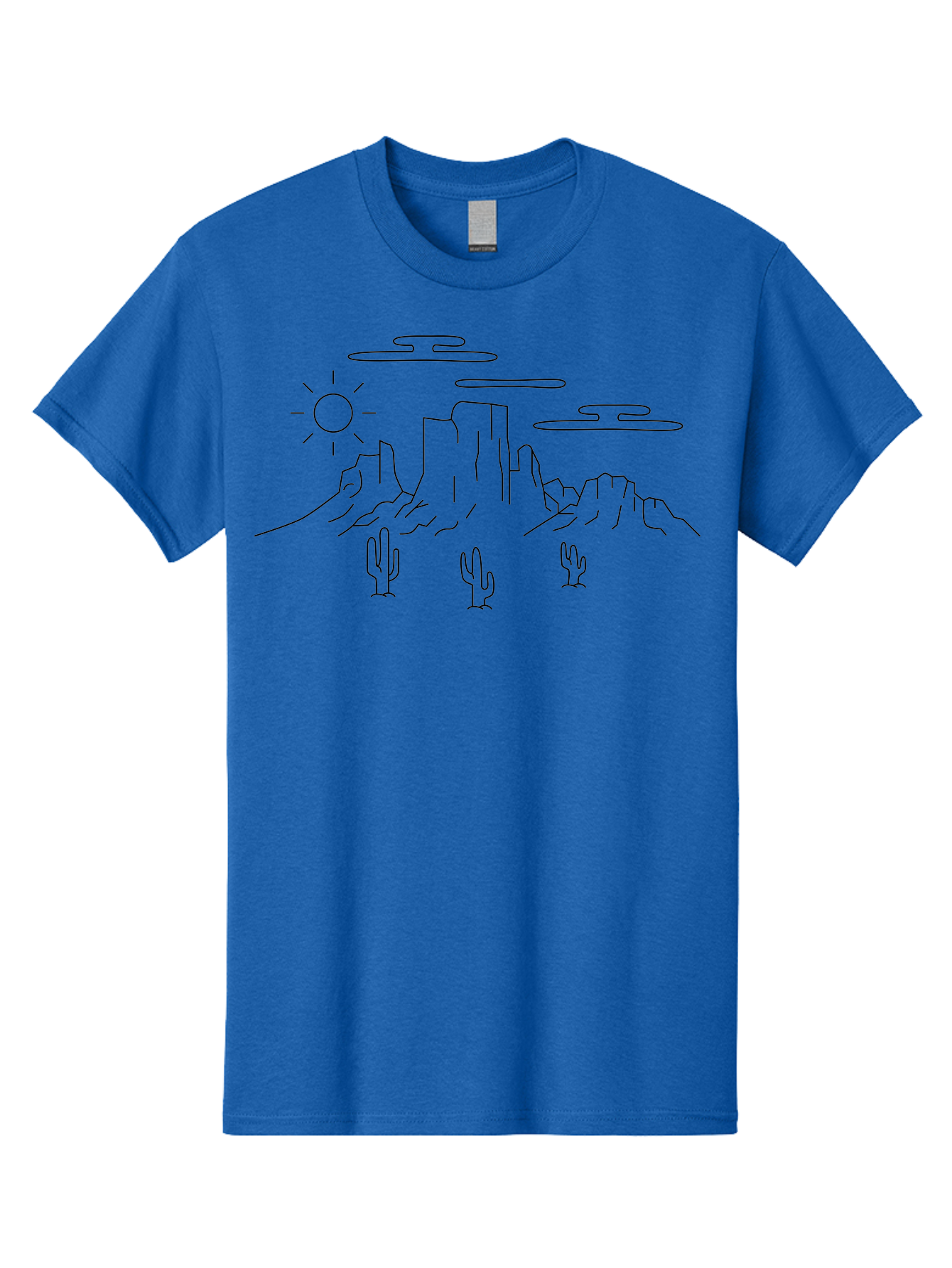 Desert-Landscape Men'S Graphic Tee, 100% Cotton, Comfortable Casual Summer Wear, Machine Washable, Desert Scene, Rocky Mountains, Cacti, Sun, Clouds, Minimalist Design, Simple Shapes, Black Outline, Serene Atmosphere, Southwest Landscape - Aaa184 9