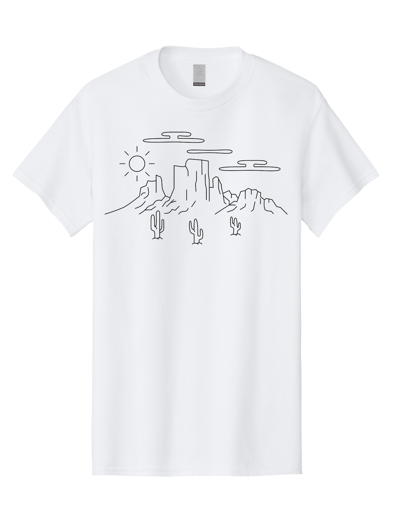 Desert-Landscape Men'S Graphic Tee, 100% Cotton, Comfortable Casual Summer Wear, Machine Washable, Desert Scene, Rocky Mountains, Cacti, Sun, Clouds, Minimalist Design, Simple Shapes, Black Outline, Serene Atmosphere, Southwest Landscape - Aaa184 19
