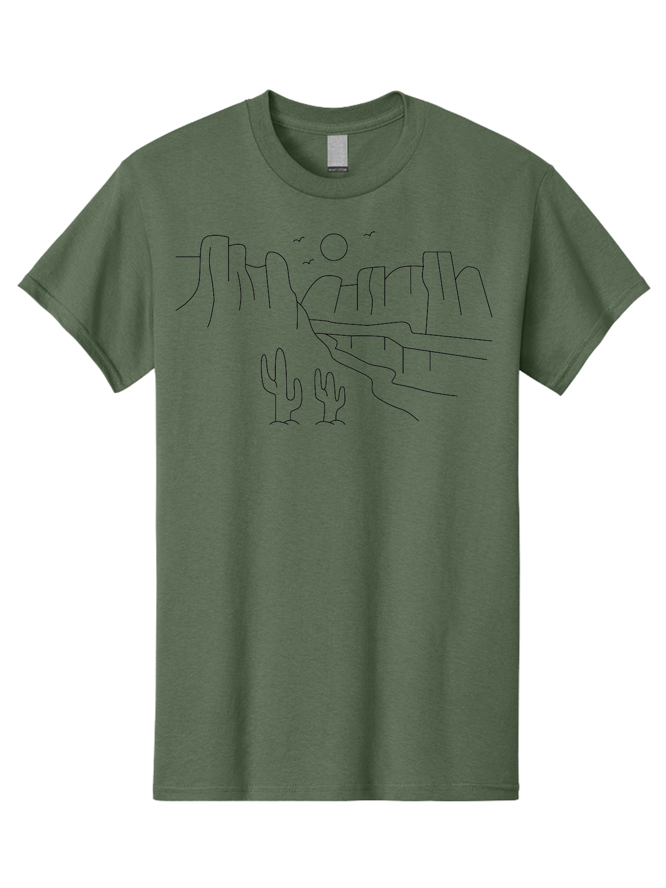 Desert-Scene Men'S Graphic Tee, 100% Cotton, Comfortable Casual Summer Wear, Machine Washable, Desert Landscape, Cacti, Rocky Cliffs, Birds Flying, Sun Shining, Simple Line Art, Minimalist Design, Outdoor Scenery, Natural Beauty - Aaa185 13