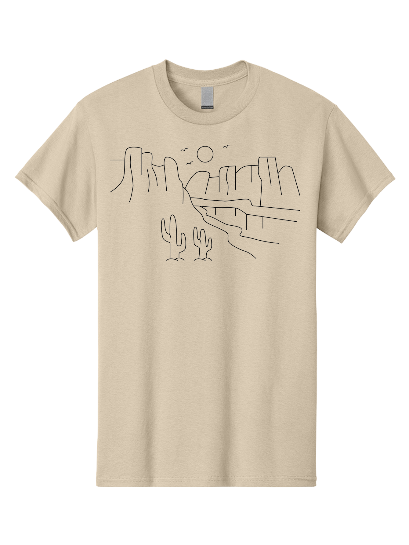 Desert-Scene Men'S Graphic Tee, 100% Cotton, Comfortable Casual Summer Wear, Machine Washable, Desert Landscape, Cacti, Rocky Cliffs, Birds Flying, Sun Shining, Simple Line Art, Minimalist Design, Outdoor Scenery, Natural Beauty - Aaa185 5