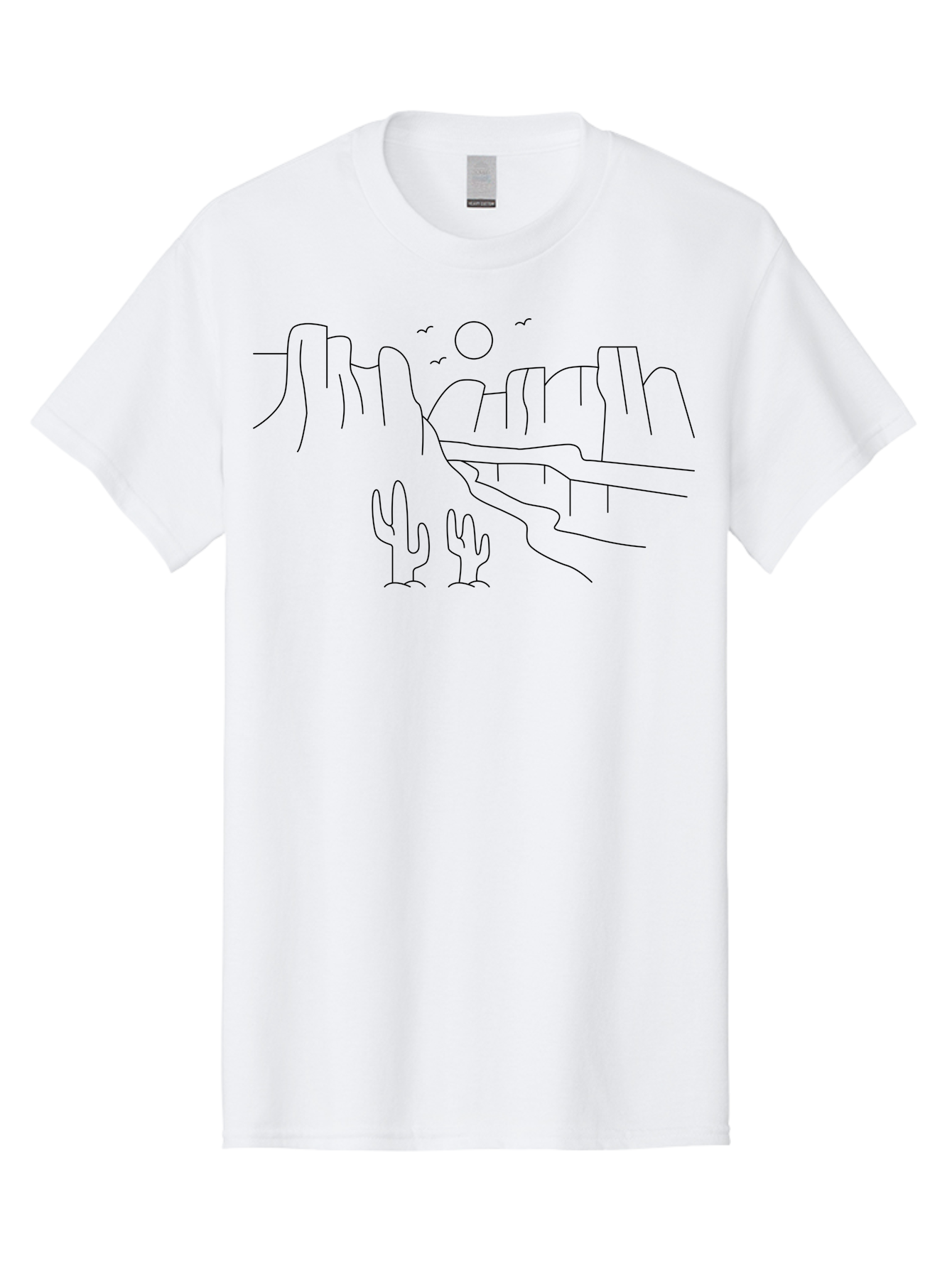 Desert-Scene Men'S Graphic Tee, 100% Cotton, Comfortable Casual Summer Wear, Machine Washable, Desert Landscape, Cacti, Rocky Cliffs, Birds Flying, Sun Shining, Simple Line Art, Minimalist Design, Outdoor Scenery, Natural Beauty - Aaa185 27